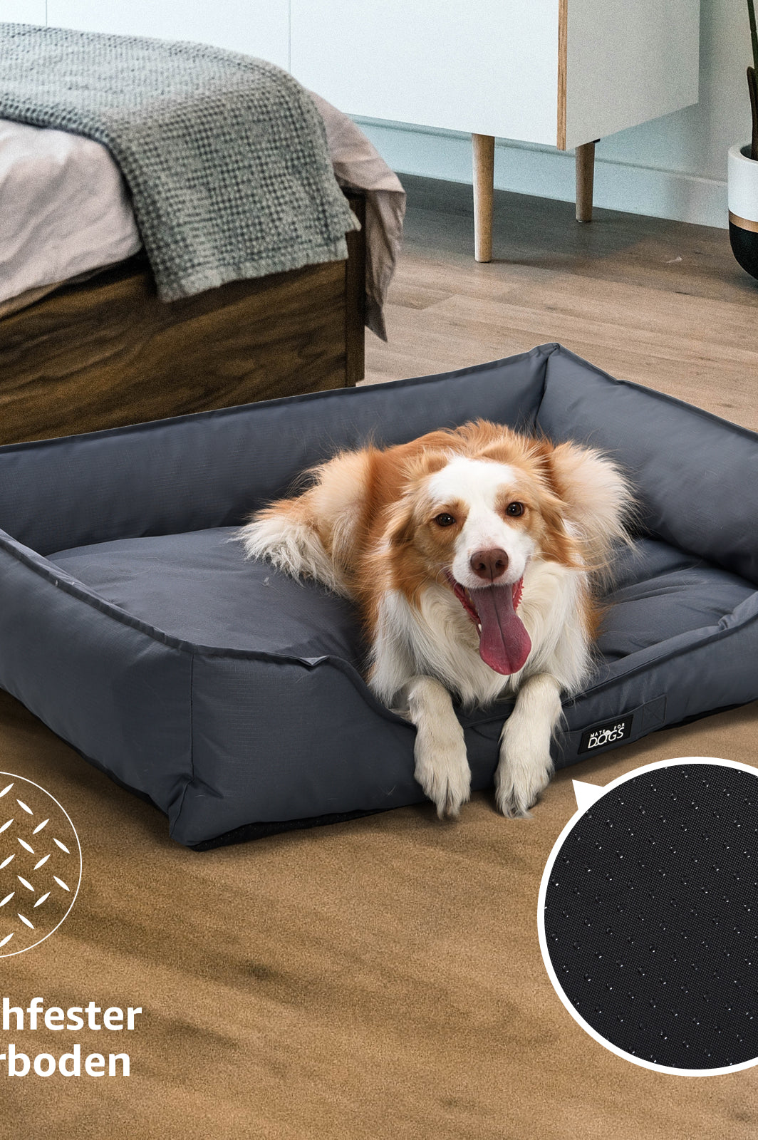 Hundebett Pepon in Grau, Seitenansicht
