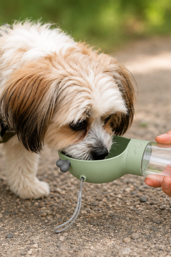 Hund trinkt unterwegs aus der grünen 2-in-1 Hundetrinkflasche