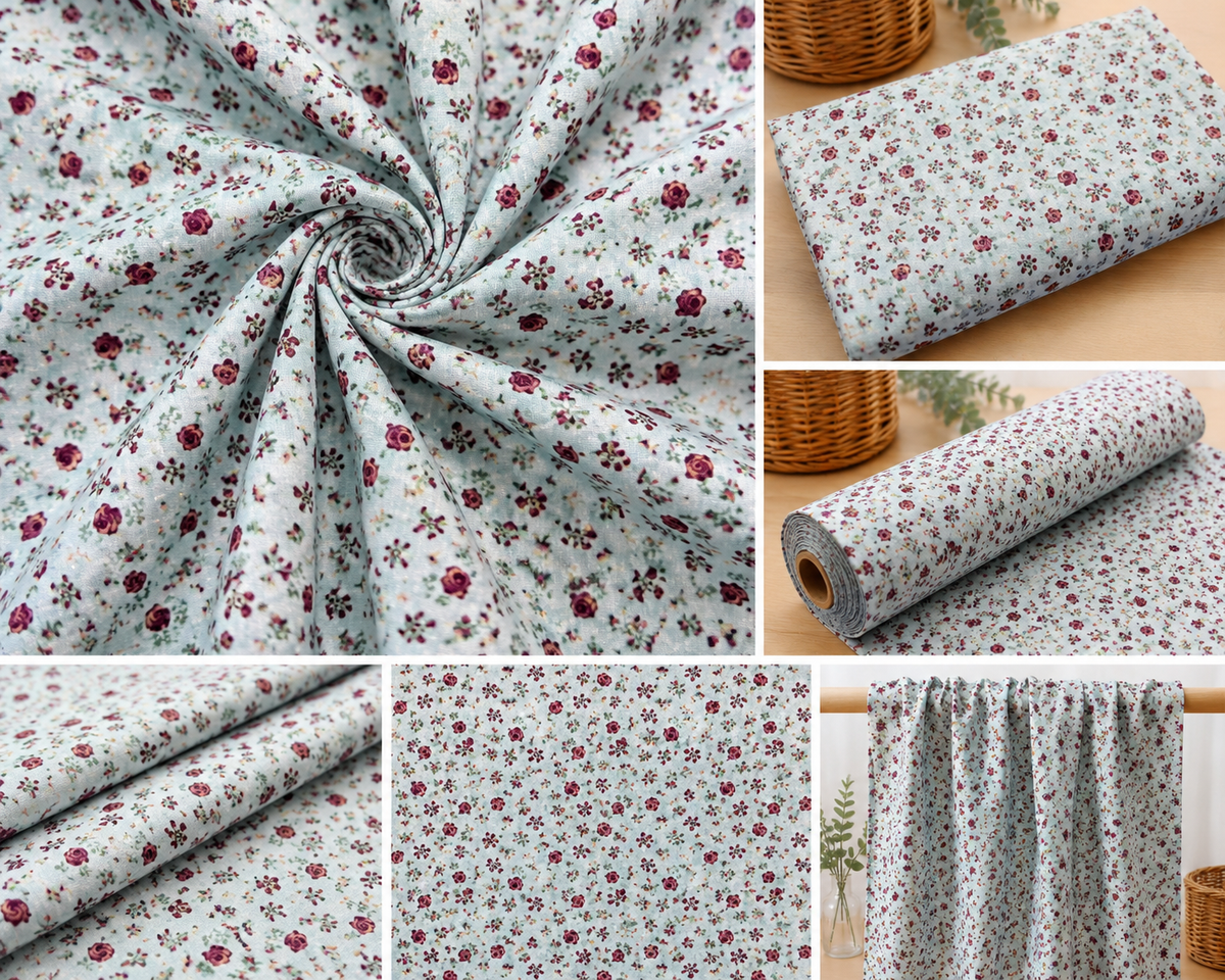 Hellblauer Baumwollstoff mit Vintage-Rosen für Trachtenmode