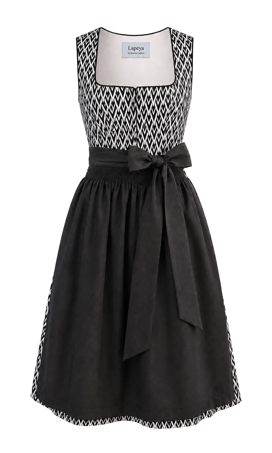 Dirndl Freya in Schwarz-Weiß mit schwarzer Schürze, Rocklänge 75 cm