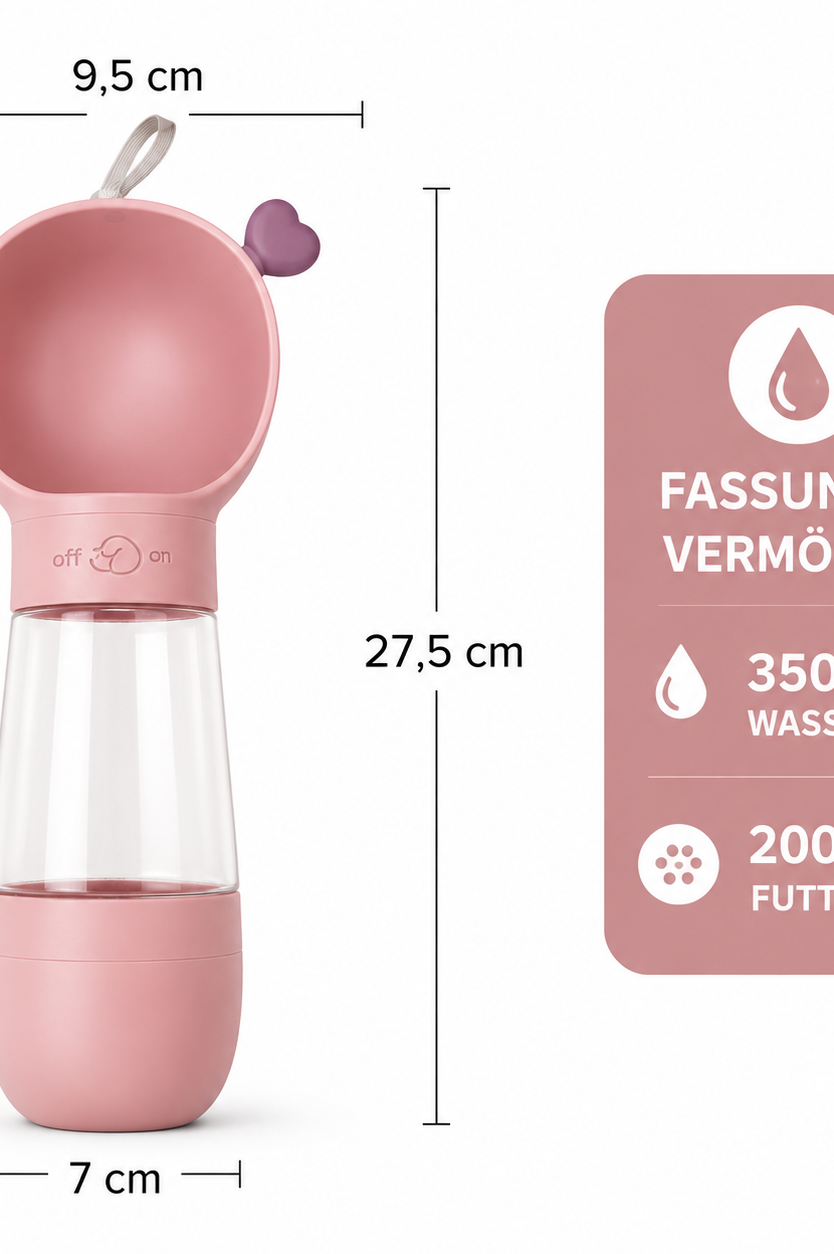 Maße und Fassungsvermögen: 350 ml Wasser und 200 ml Futter