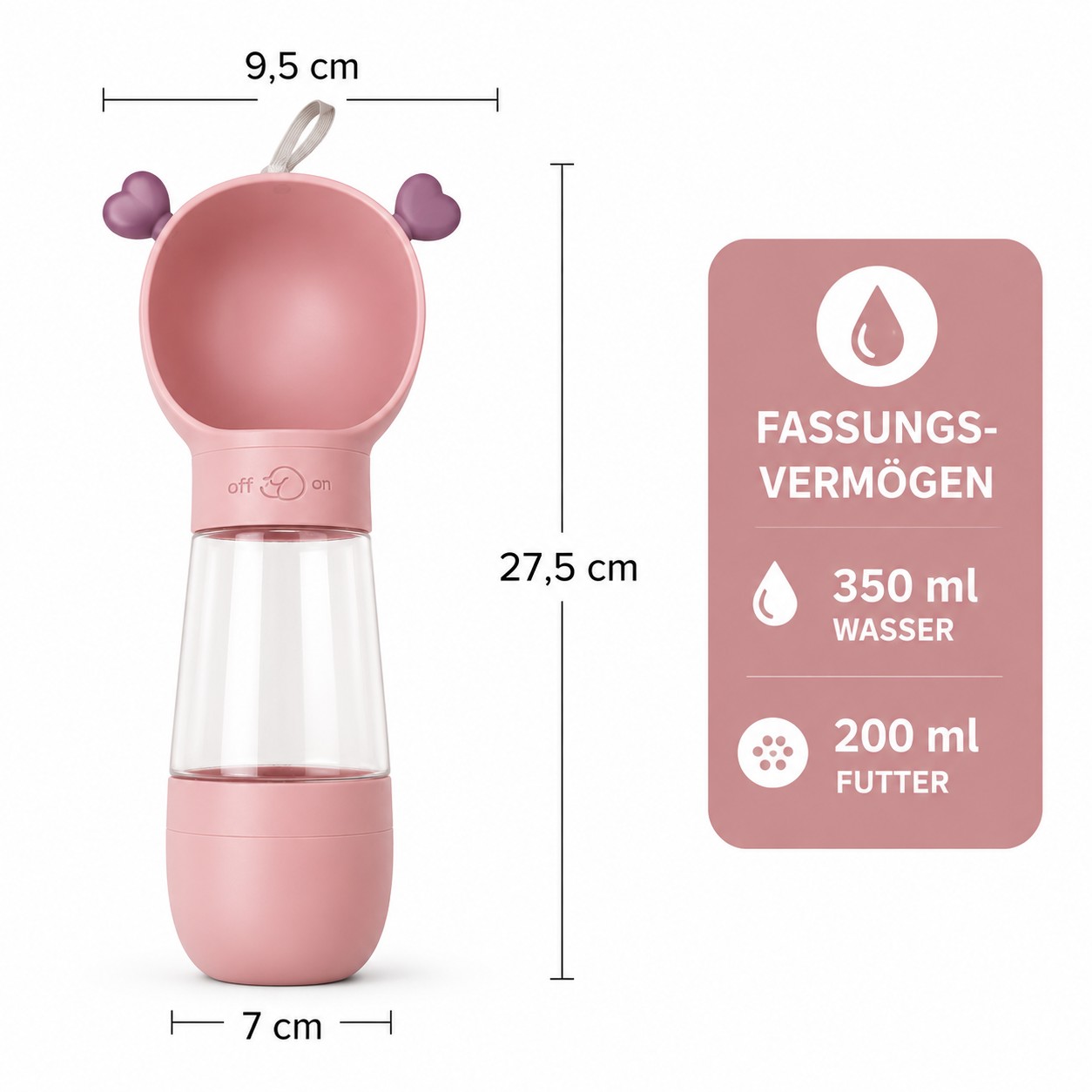 Maße und Fassungsvermögen: 350 ml Wasser und 200 ml Futter