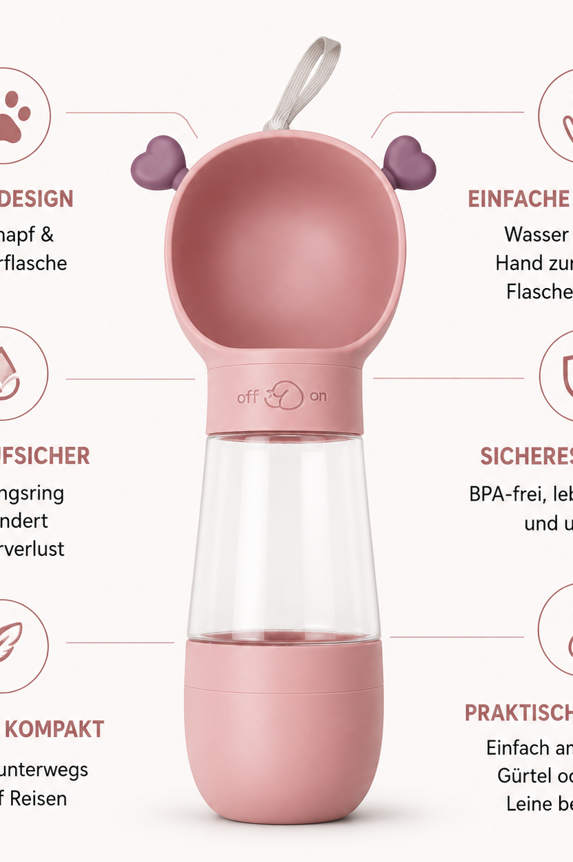 Infografik zur Handhabung der 2-in-1 Hundetrinkflasche