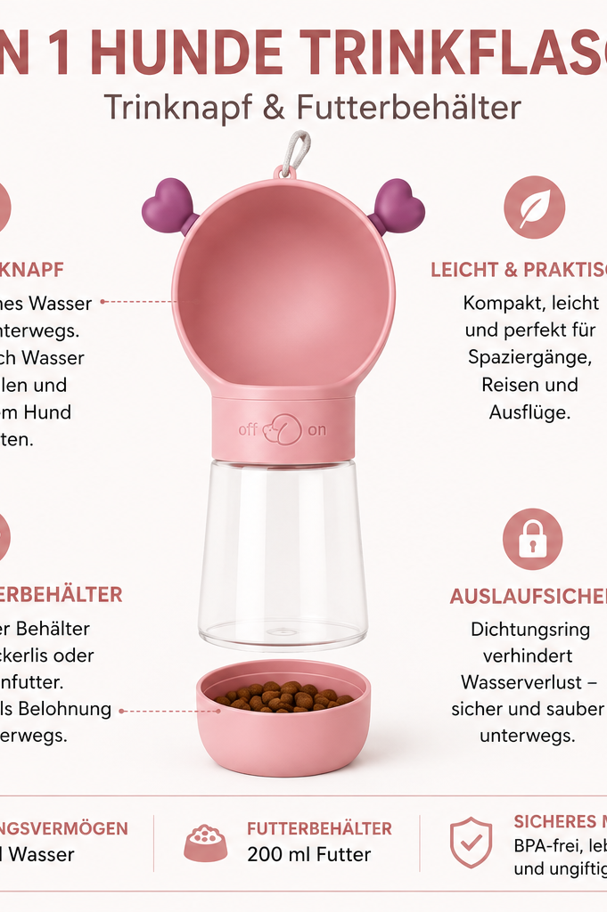 Infografik zu den Funktionen der 2-in-1 Hundetrinkflasche