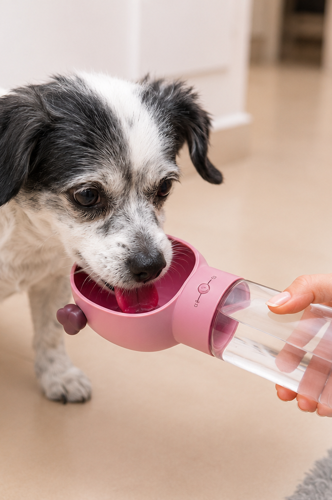 Hund Pepon trinkt aus der 2-in-1 Hundetrinkflasche