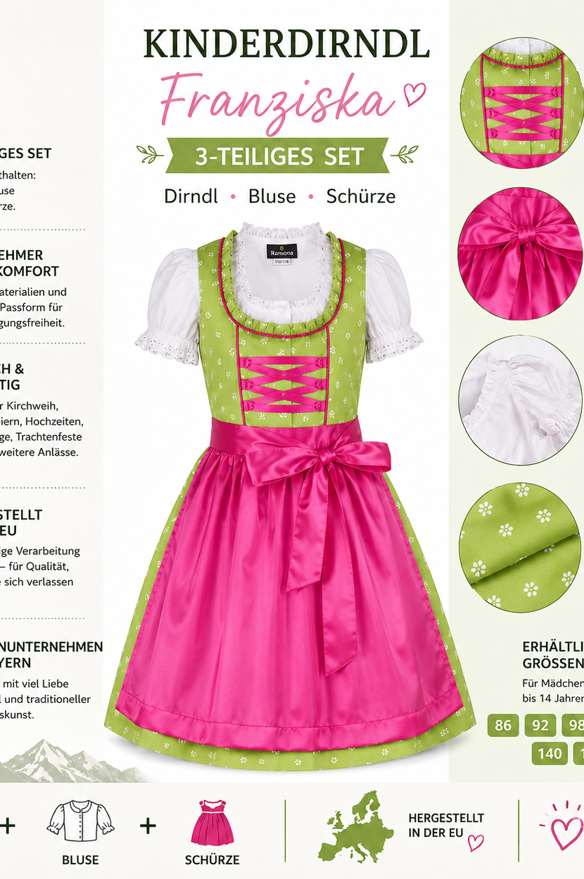 Übersicht der Merkmale vom Kinderdirndl Franziska hellgrün