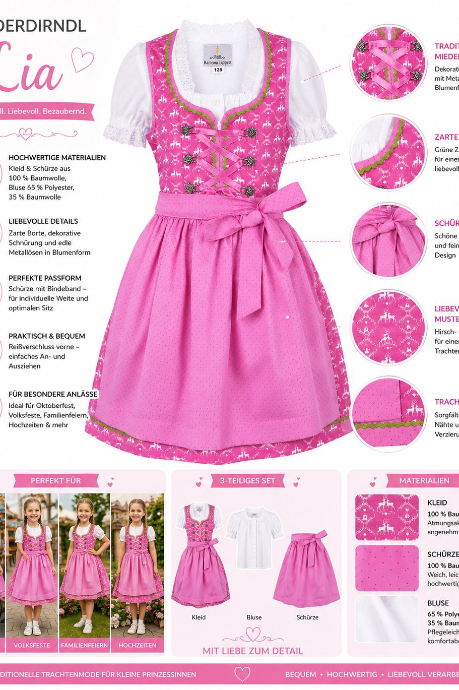 Übersicht der Merkmale vom Kinderdirndl Lia