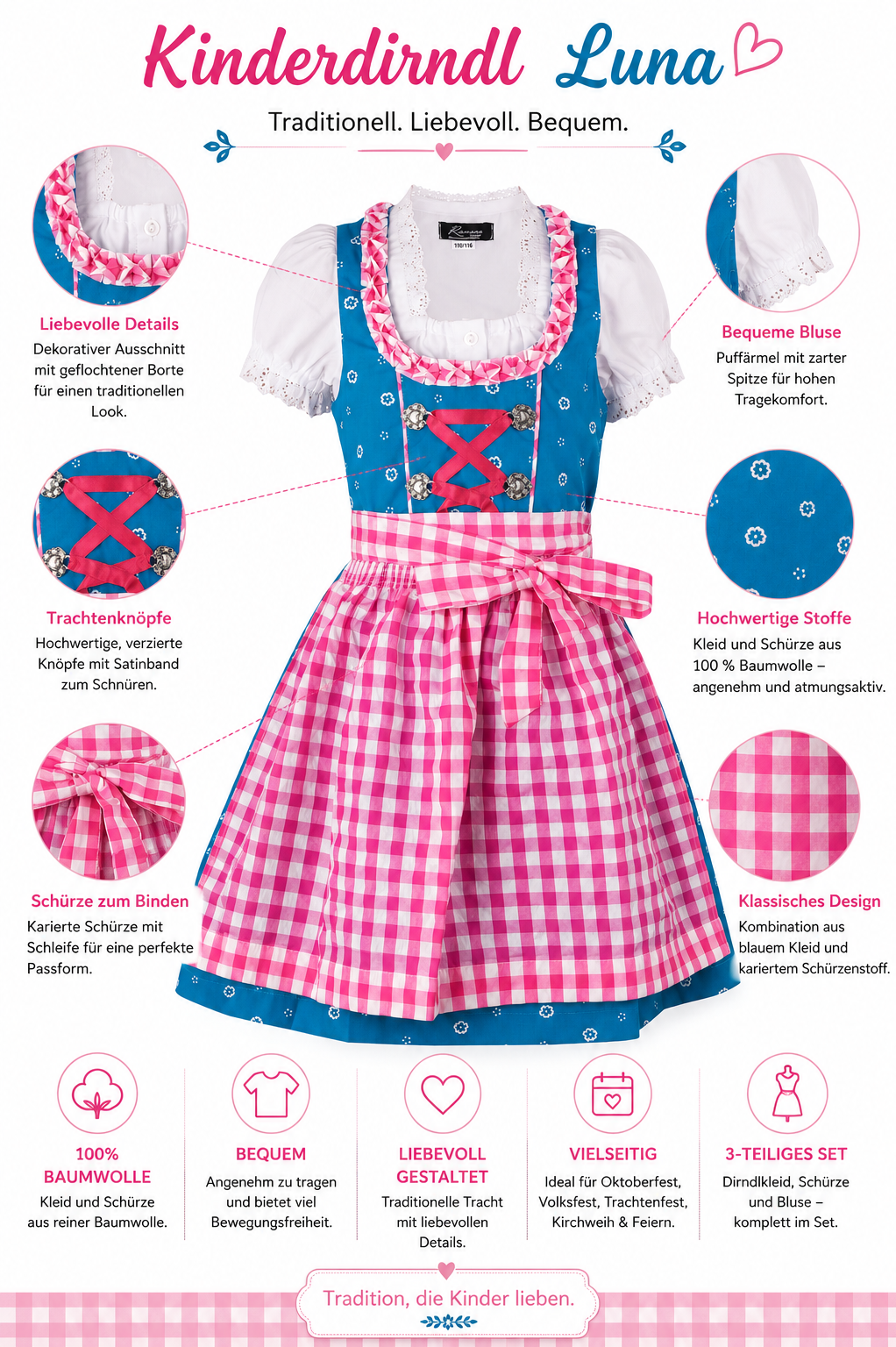 Übersicht der Merkmale vom Kinderdirndl Luna