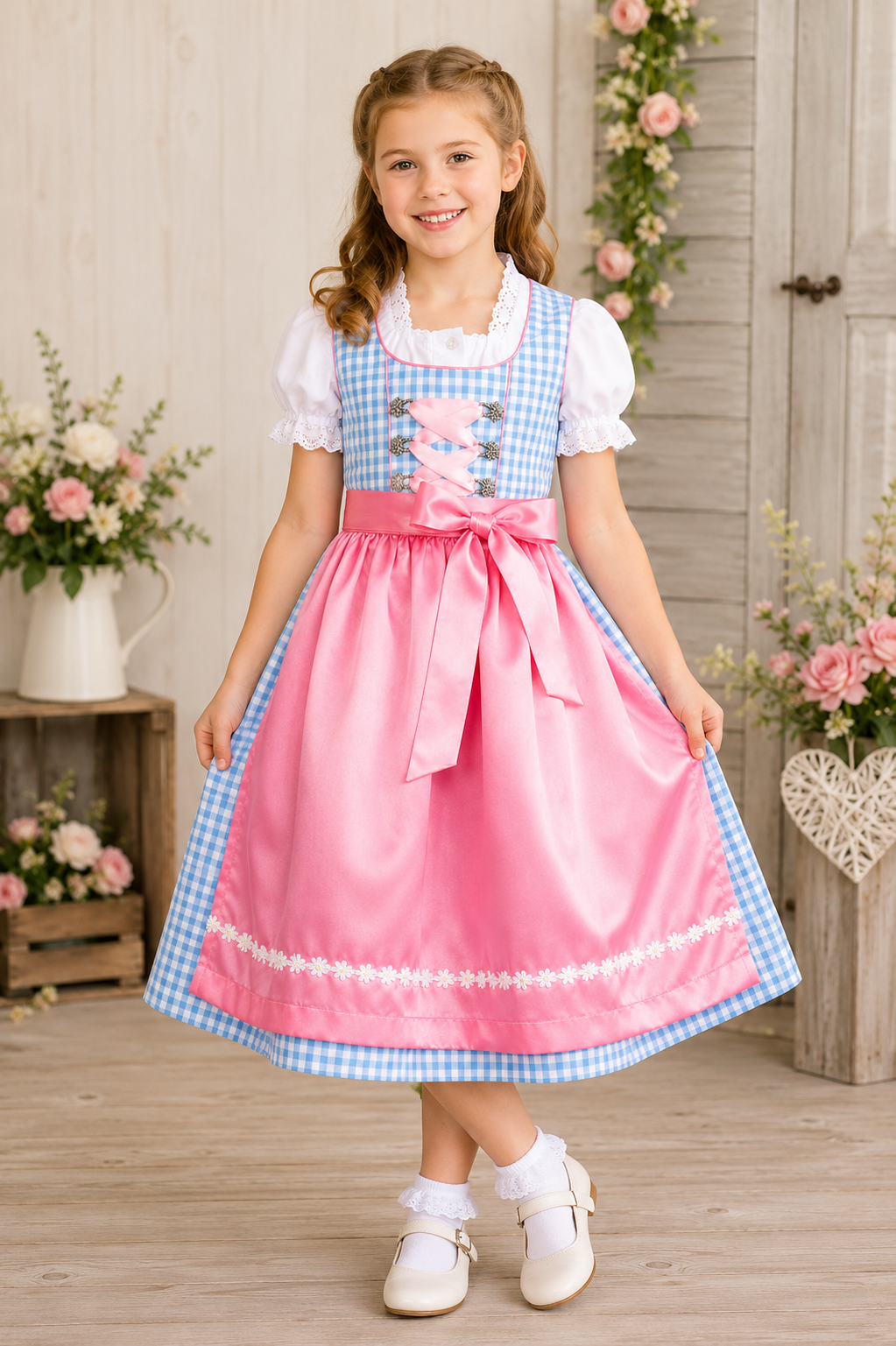 Mädchen trägt das Kinderdirndl Mia in Blau
