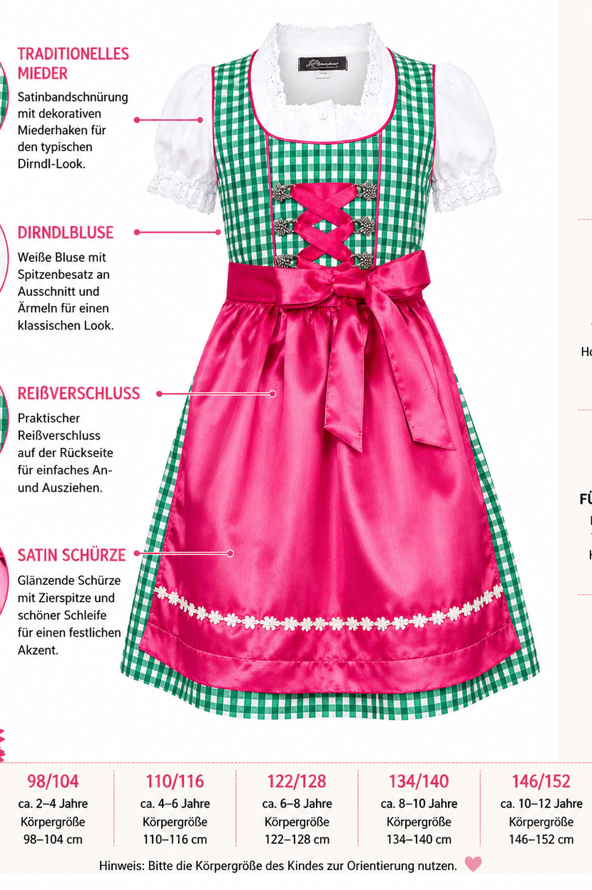 Übersicht der Merkmale vom Kinderdirndl Mia grün