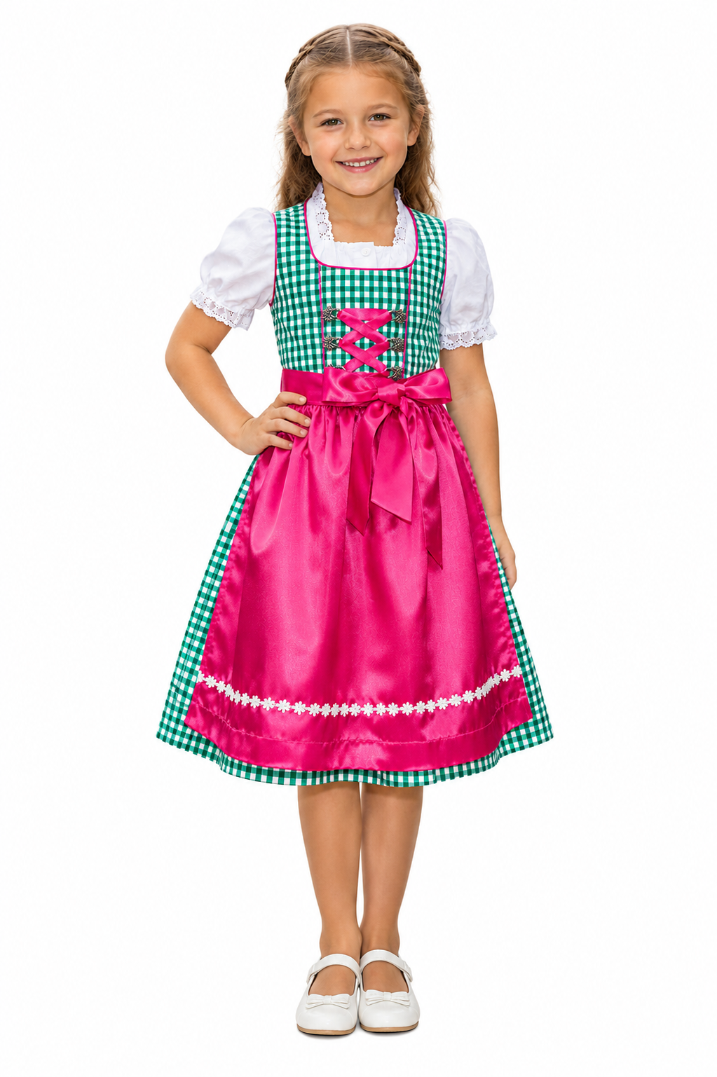 Mädchen trägt das Kinderdirndl Mia in Grün