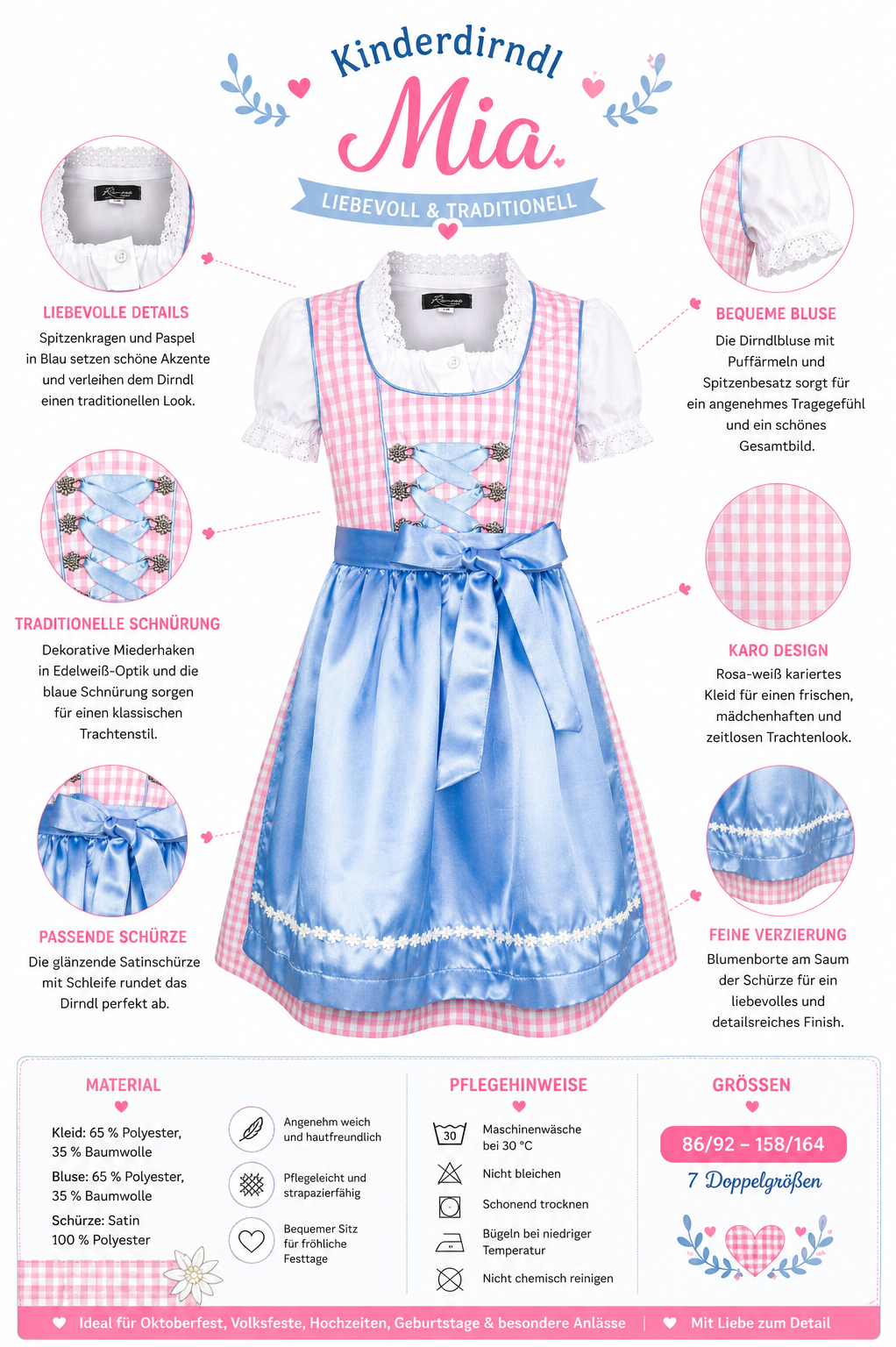 Übersicht der Merkmale vom Kinderdirndl Mia rosa