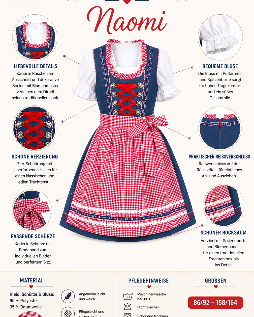 Übersicht der Merkmale vom Kinderdirndl Naomi