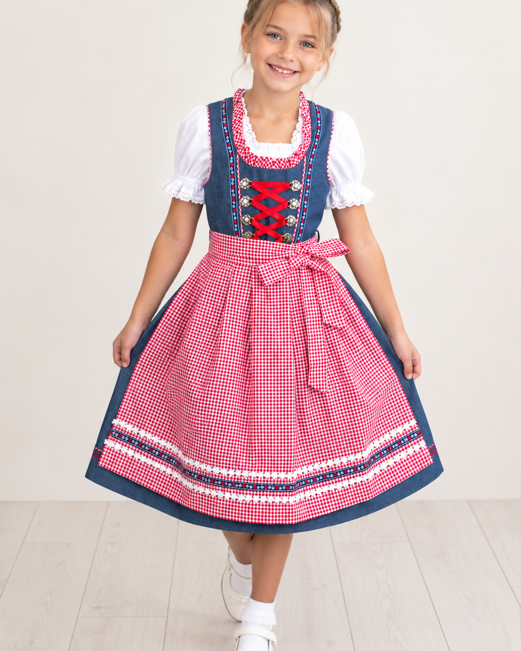 Mädchen trägt das Kinderdirndl Naomi
