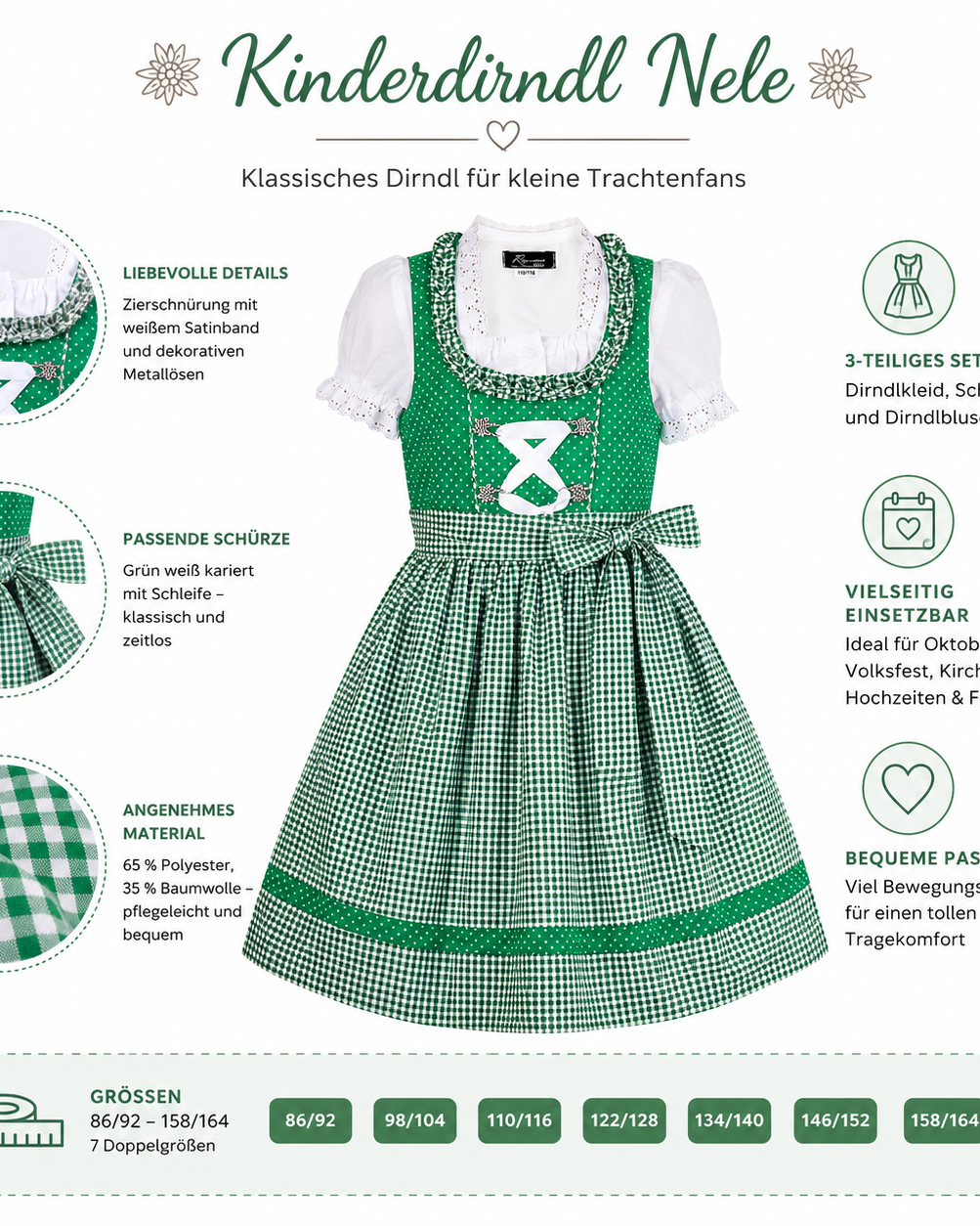 Übersicht der Merkmale vom Kinderdirndl Nele grün