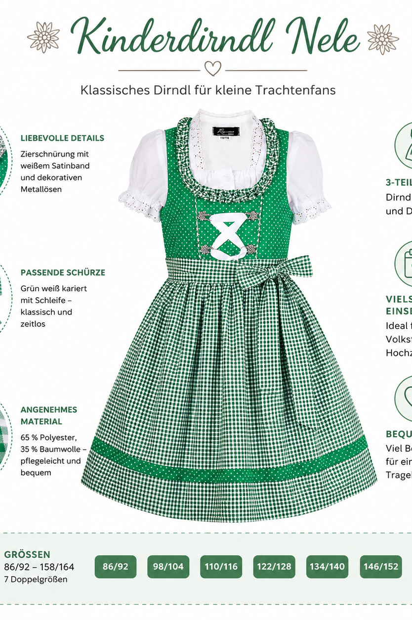 Übersicht der Merkmale vom Kinderdirndl Nele grün