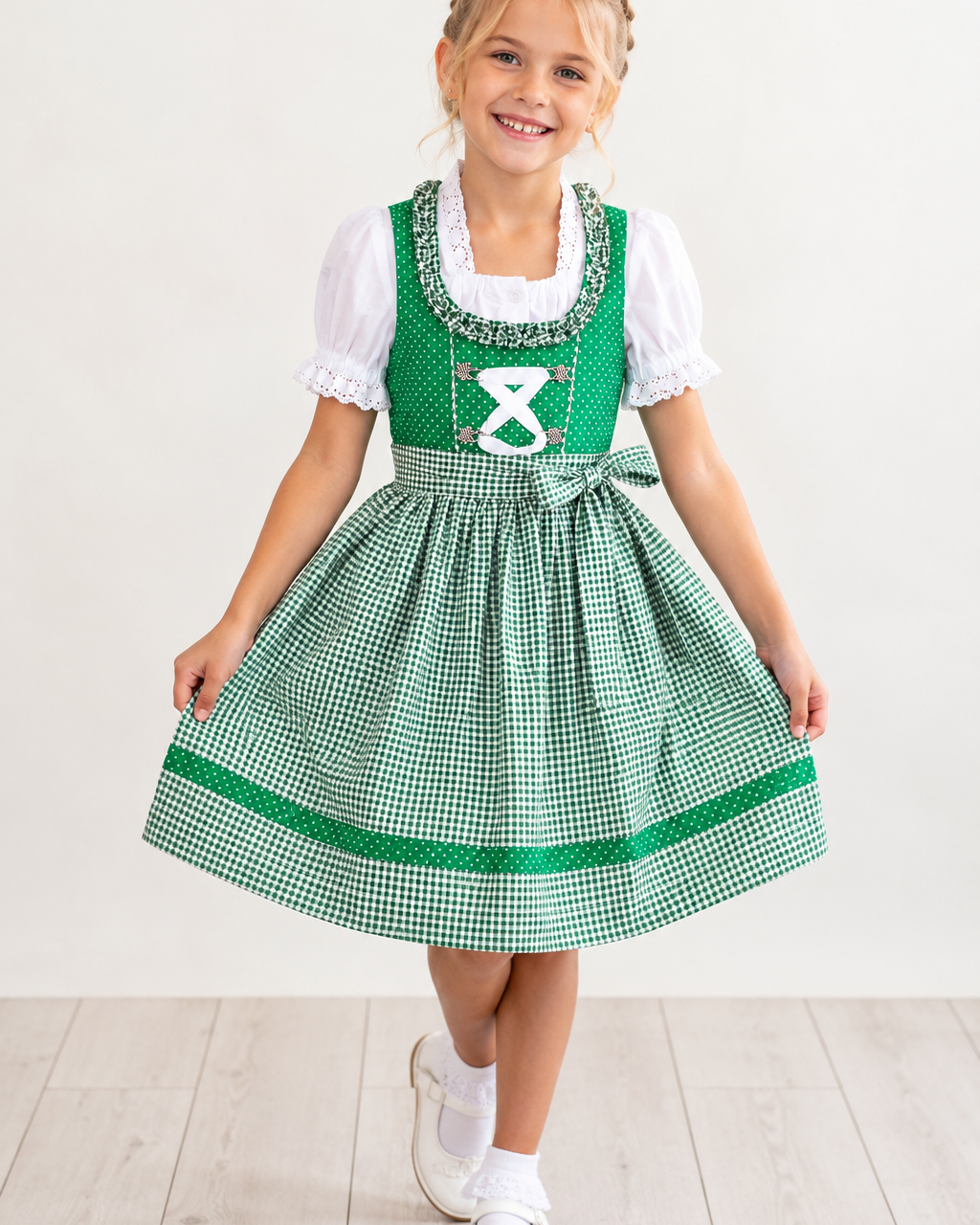 Mädchen trägt das Kinderdirndl Nele in Grün
