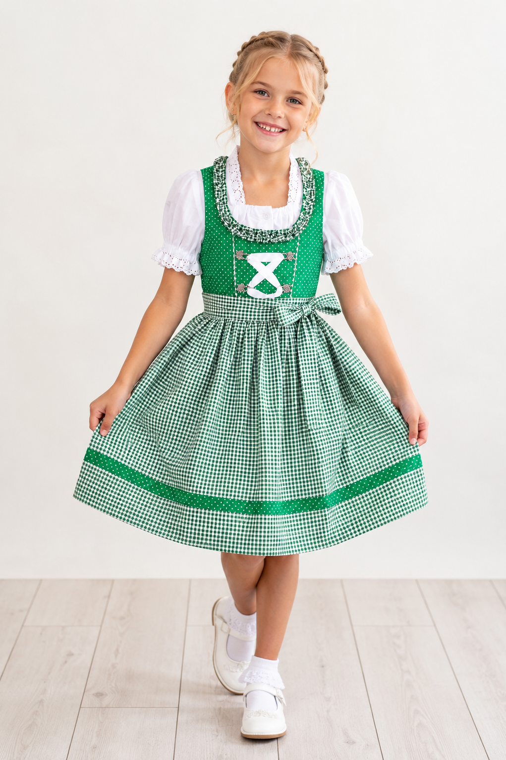 Mädchen trägt das Kinderdirndl Nele in Grün