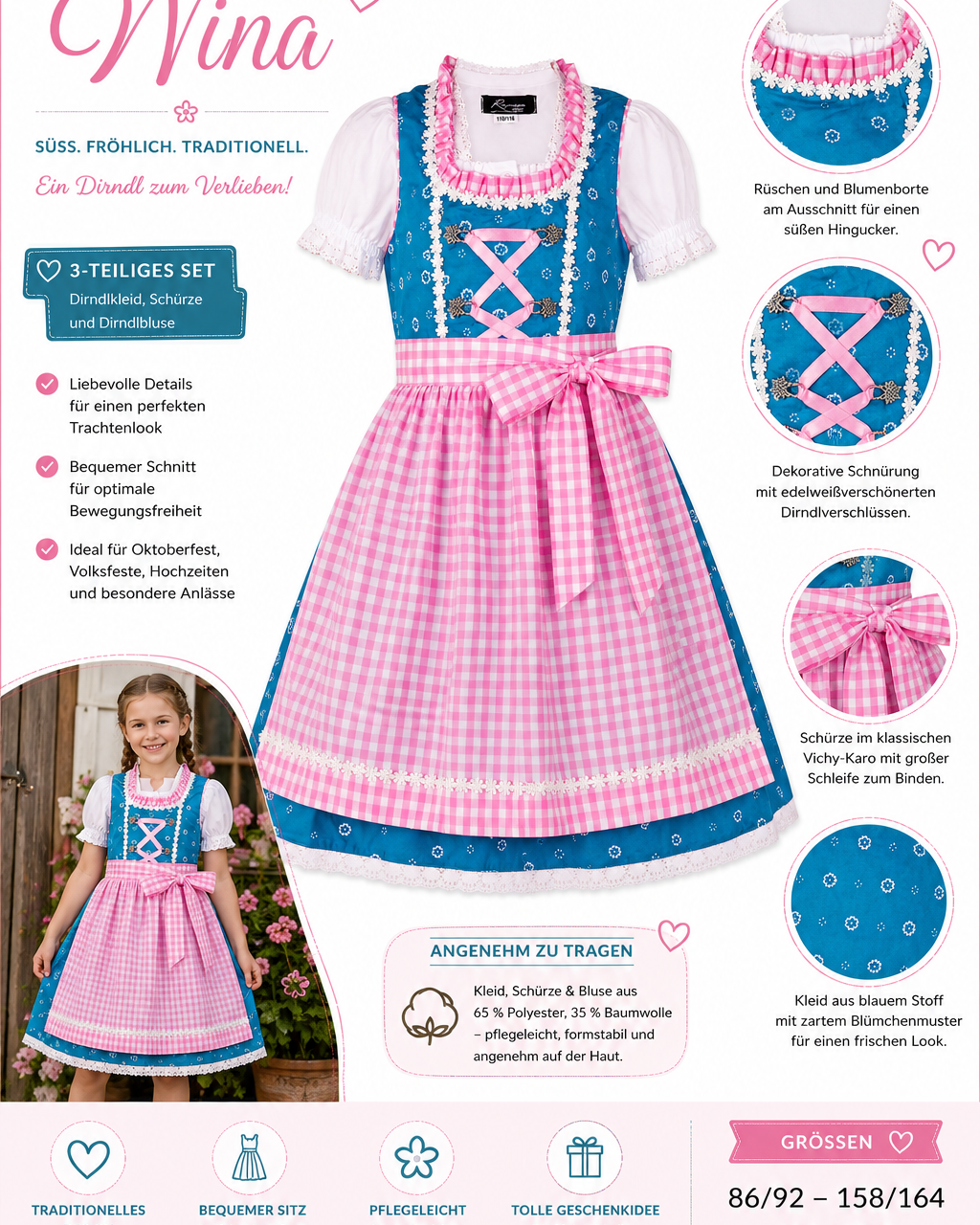 Übersicht der Merkmale vom Kinderdirndl Nina