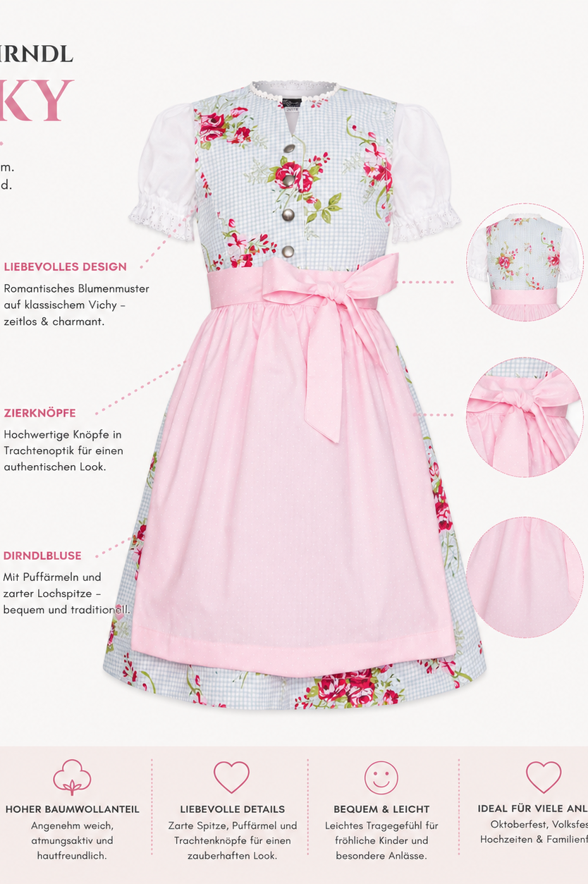 Übersicht der Merkmale vom Kinderdirndl Vicky