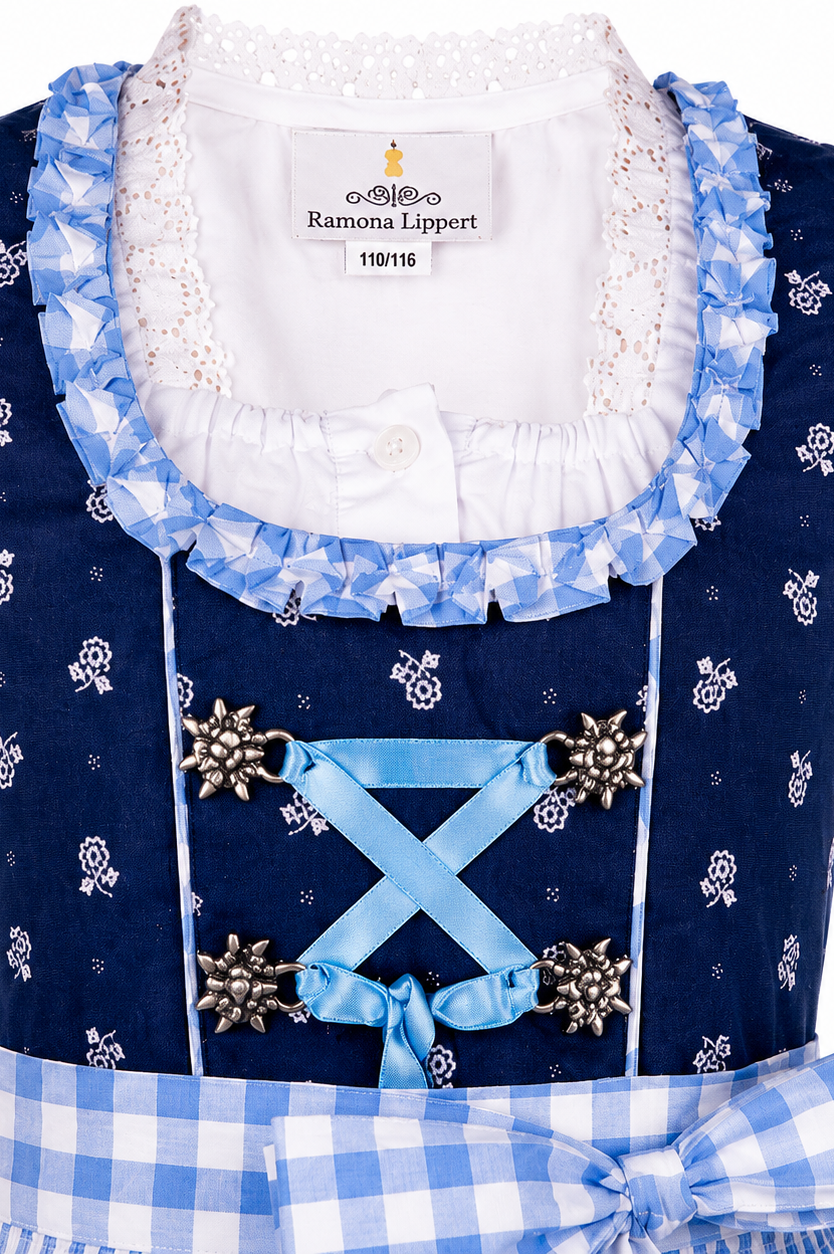 Detailaufnahme vom Oberteil des Kinderdirndl Chrissi in Blau