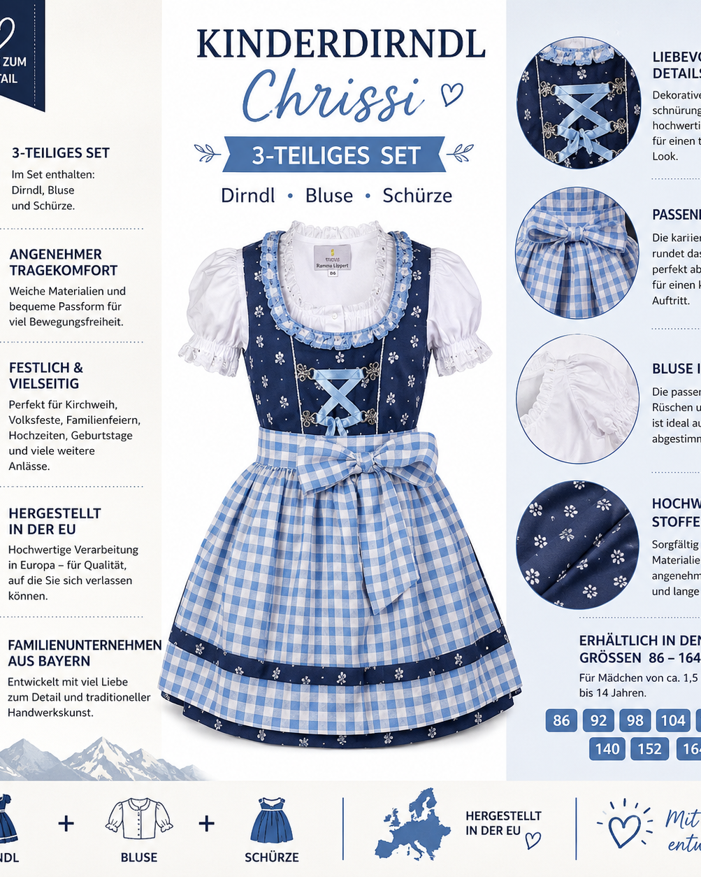 Übersicht der Merkmale vom Kinderdirndl Chrissi