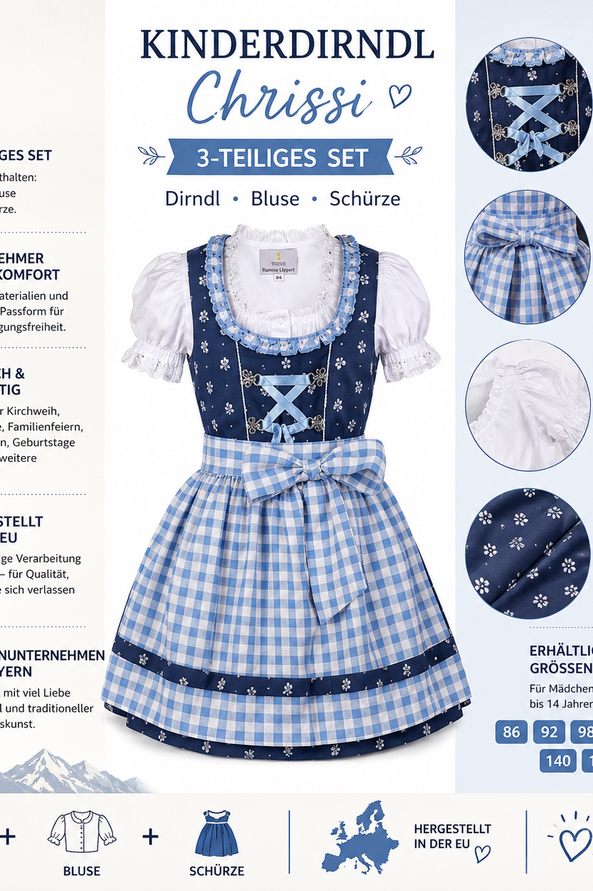 Übersicht der Merkmale vom Kinderdirndl Chrissi