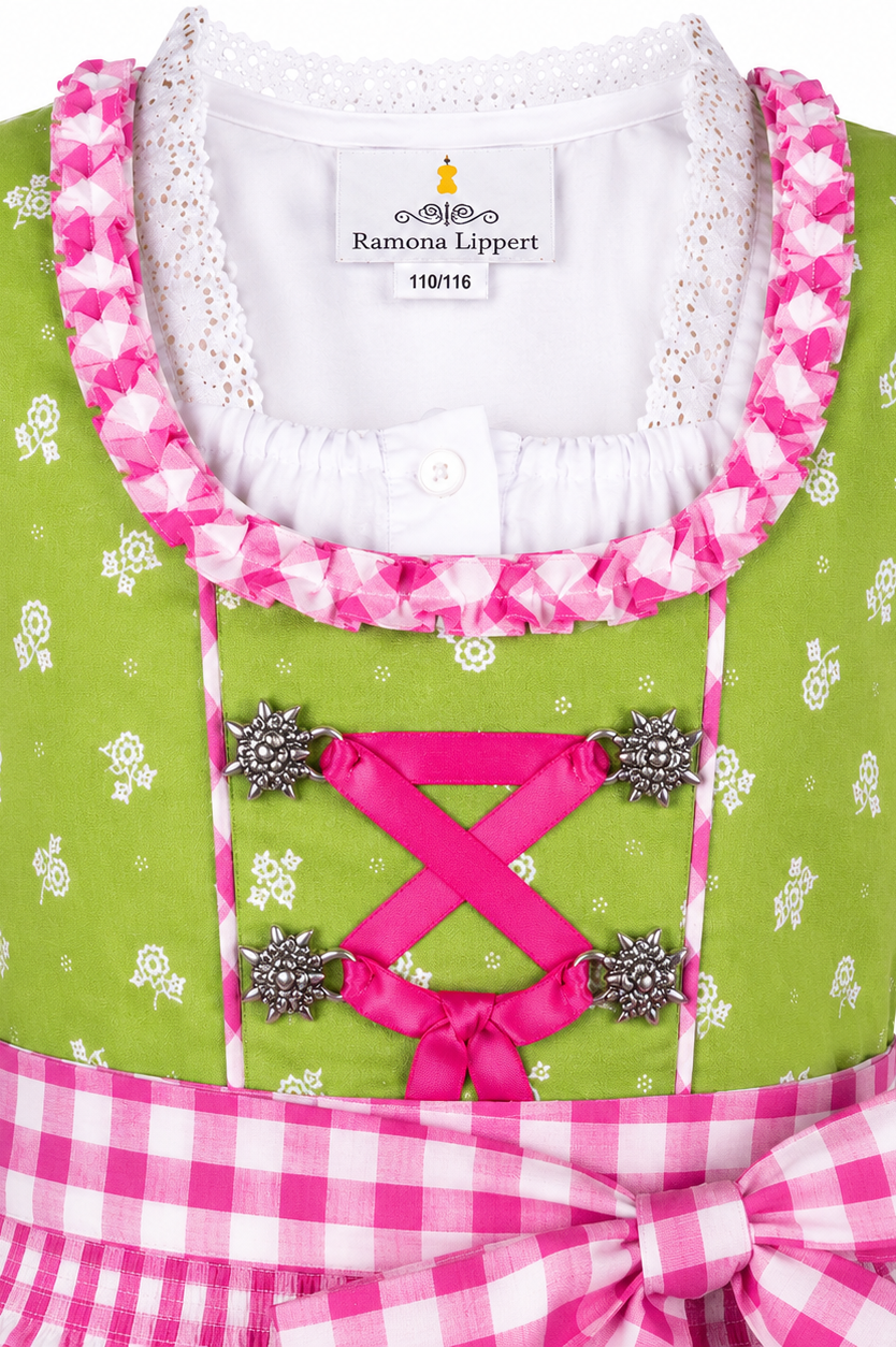 Detailaufnahme vom Oberteil des Kinderdirndl Chrissi in Grün