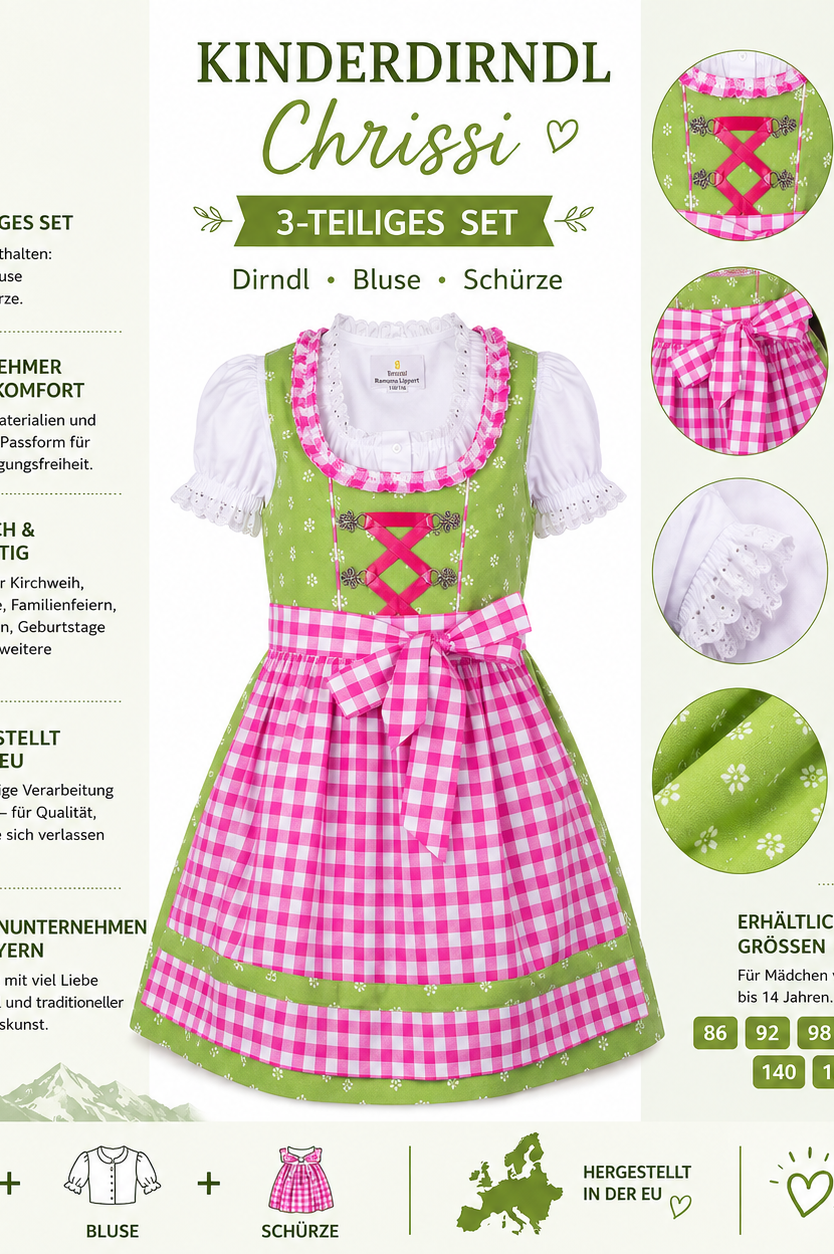 Übersicht der Merkmale vom Kinderdirndl Chrissi in Grün