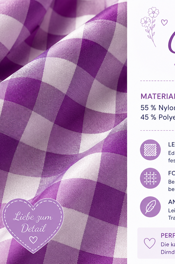 Detailaufnahme der Schürze vom Kinderdirndl Chrissi in Lila