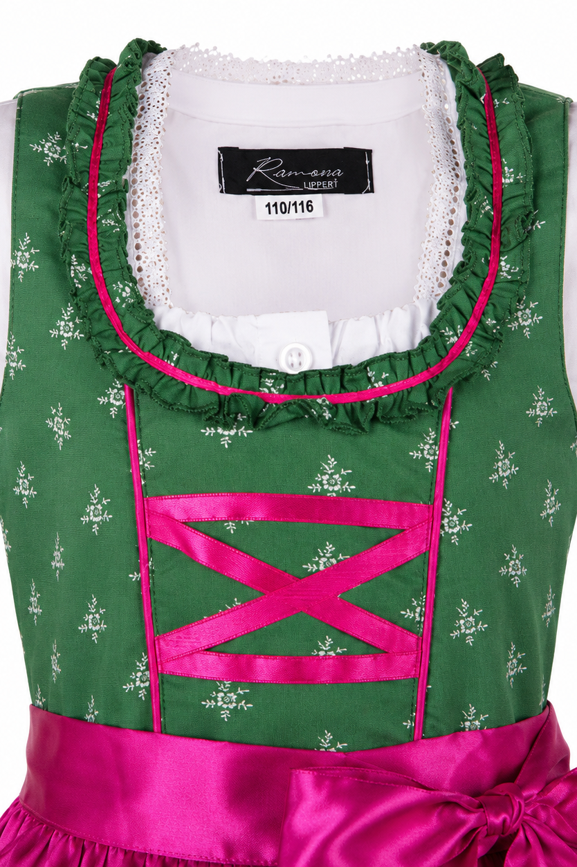 Detailaufnahme vom Oberteil des Kinderdirndl Franziska dunkelgrün