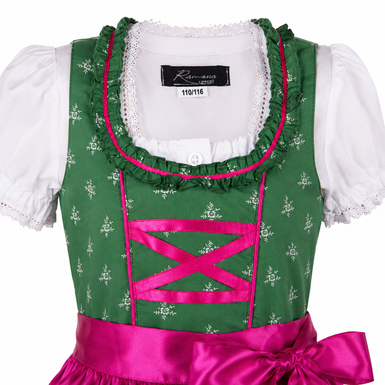 Detailaufnahme vom Oberteil des Kinderdirndl Franziska dunkelgrün