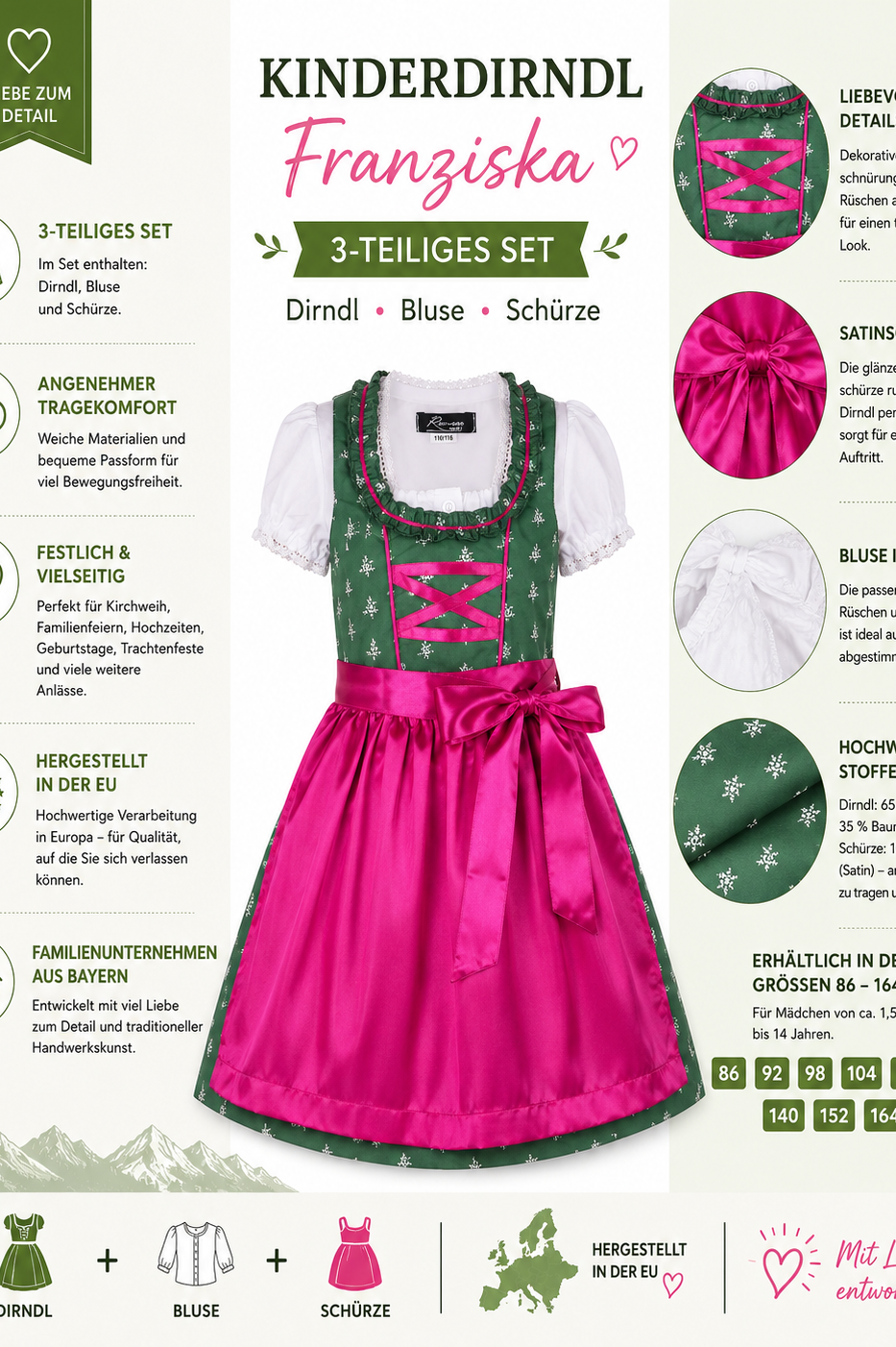 Übersicht der Merkmale vom Kinderdirndl Franziska dunkelgrün