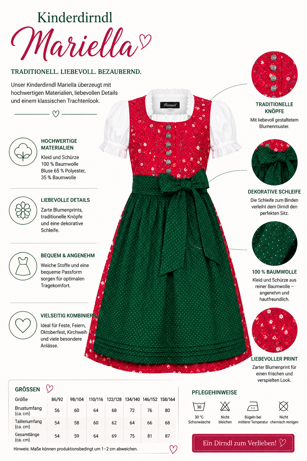 Übersicht der Merkmale vom Kinderdirndl Mariella