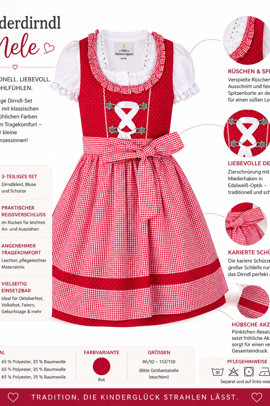 Übersicht der Merkmale vom Kinderdirndl Nele rot