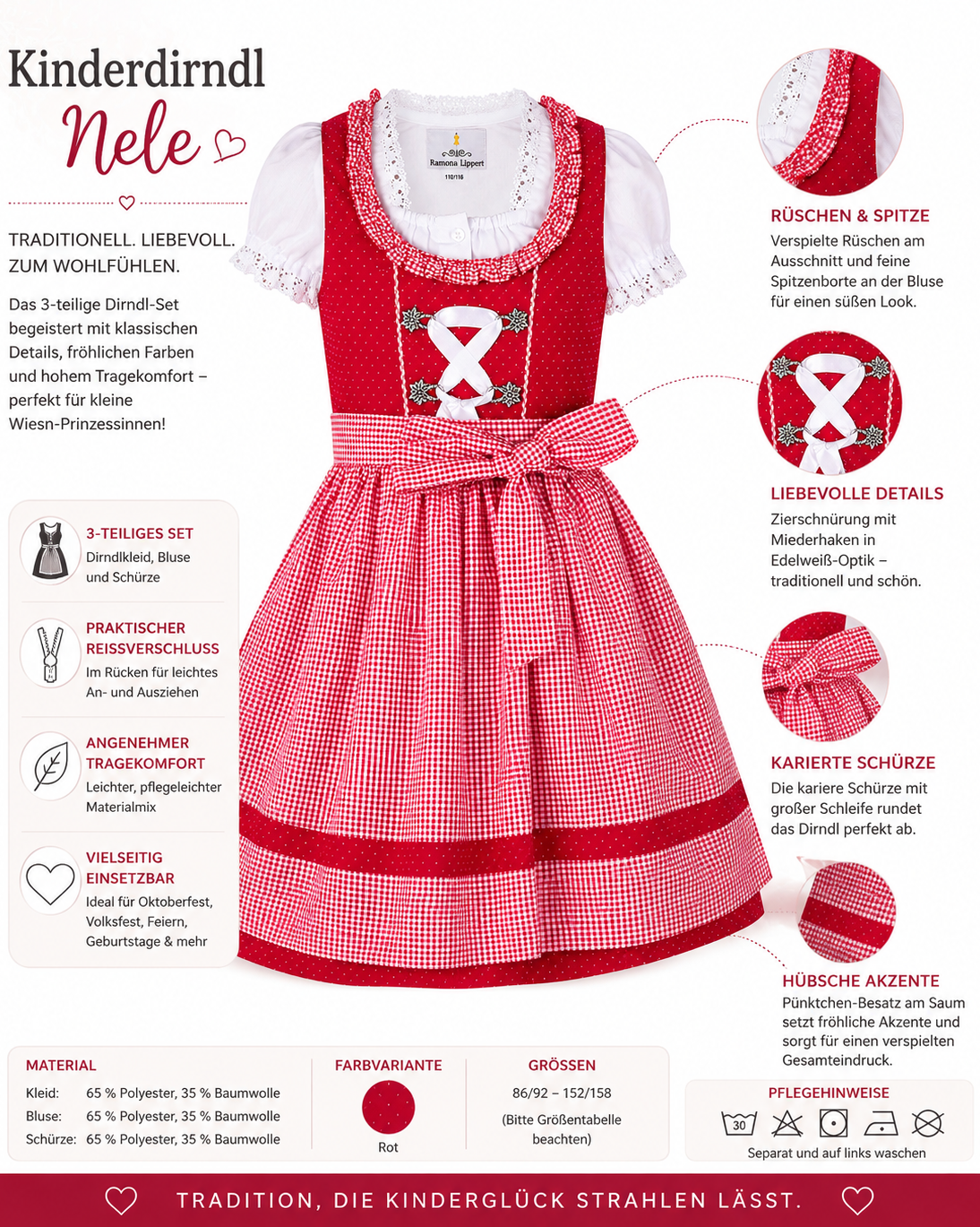 Übersicht der Merkmale vom Kinderdirndl Nele rot