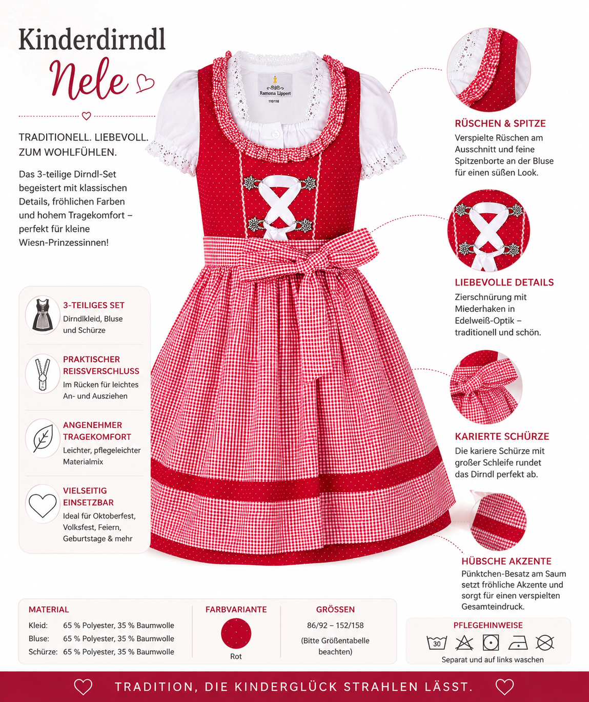 Übersicht der Merkmale vom Kinderdirndl Nele rot
