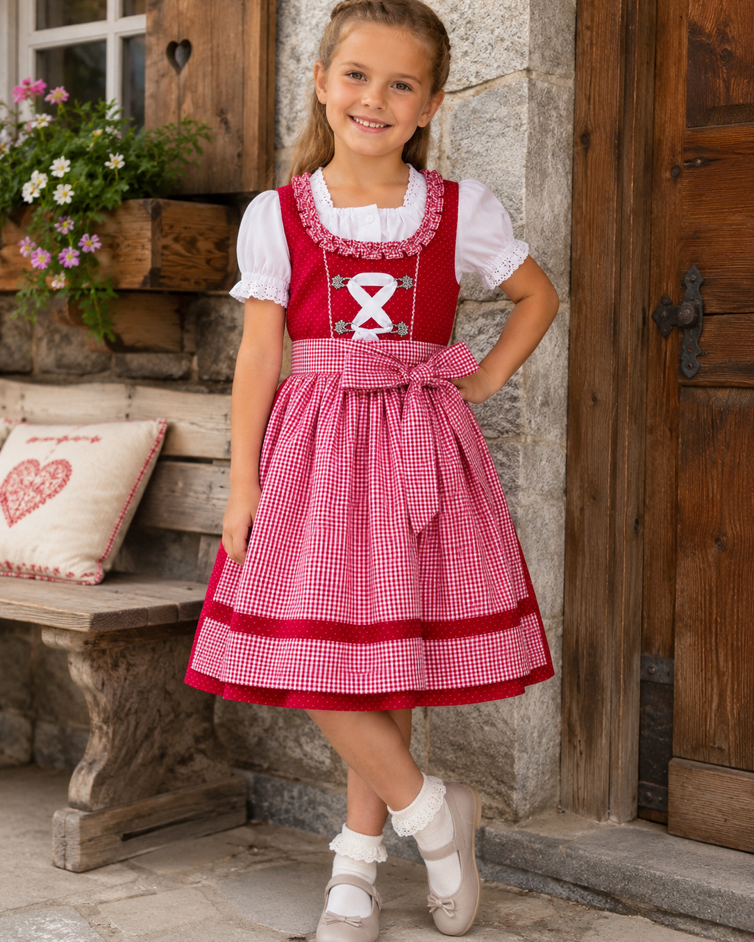 Mädchen trägt das Kinderdirndl Nele in Rot