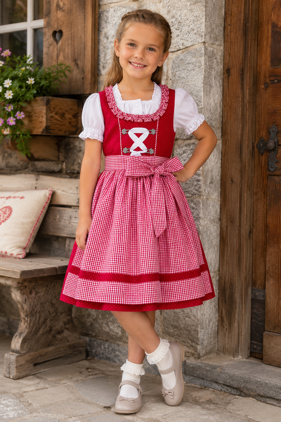 Mädchen trägt das Kinderdirndl Nele in Rot
