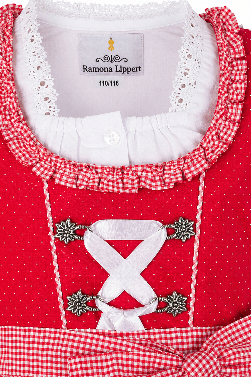 Detailaufnahme vom Oberteil des Kinderdirndl Nele rot