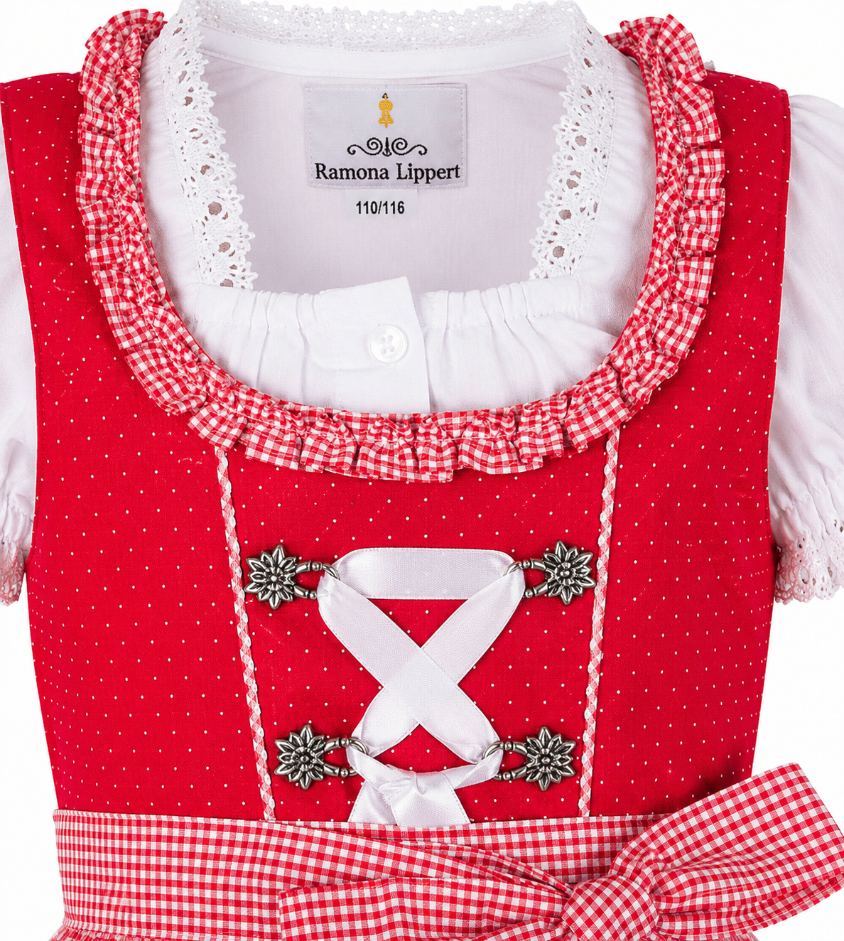 Detailaufnahme vom Oberteil des Kinderdirndl Nele rot