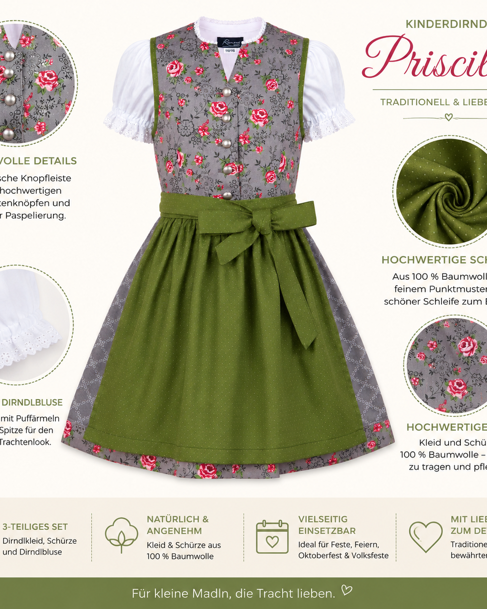 Übersicht der Merkmale vom Kinderdirndl Priscilla