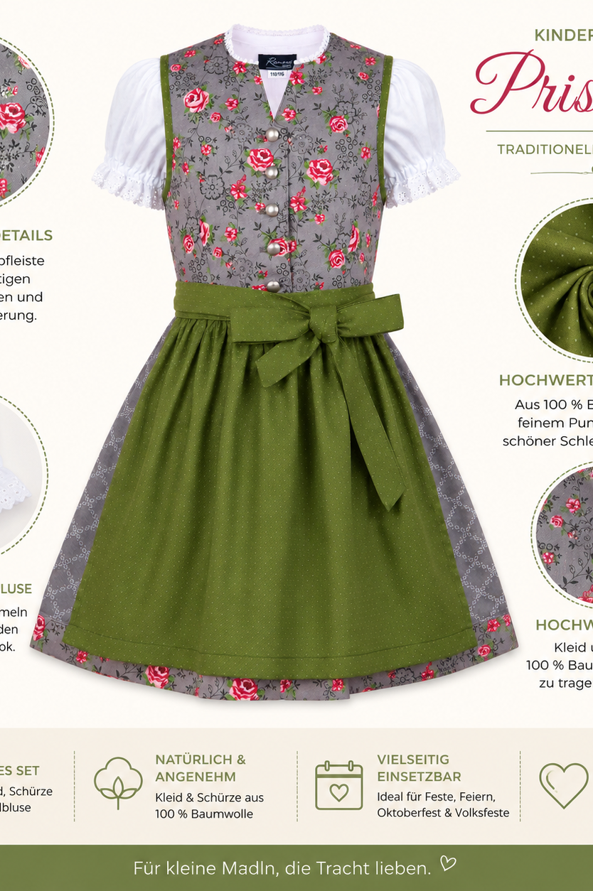 Übersicht der Merkmale vom Kinderdirndl Priscilla