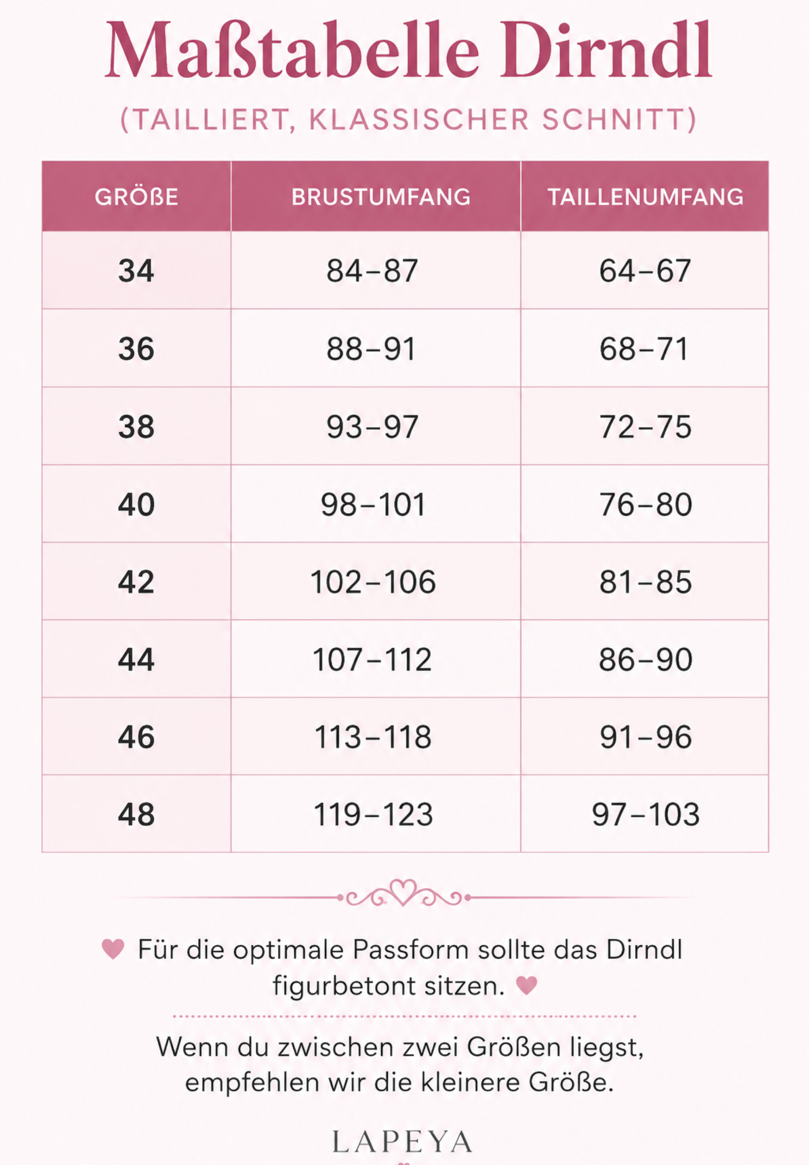 Maßtabelle für Damen bei Lapeya