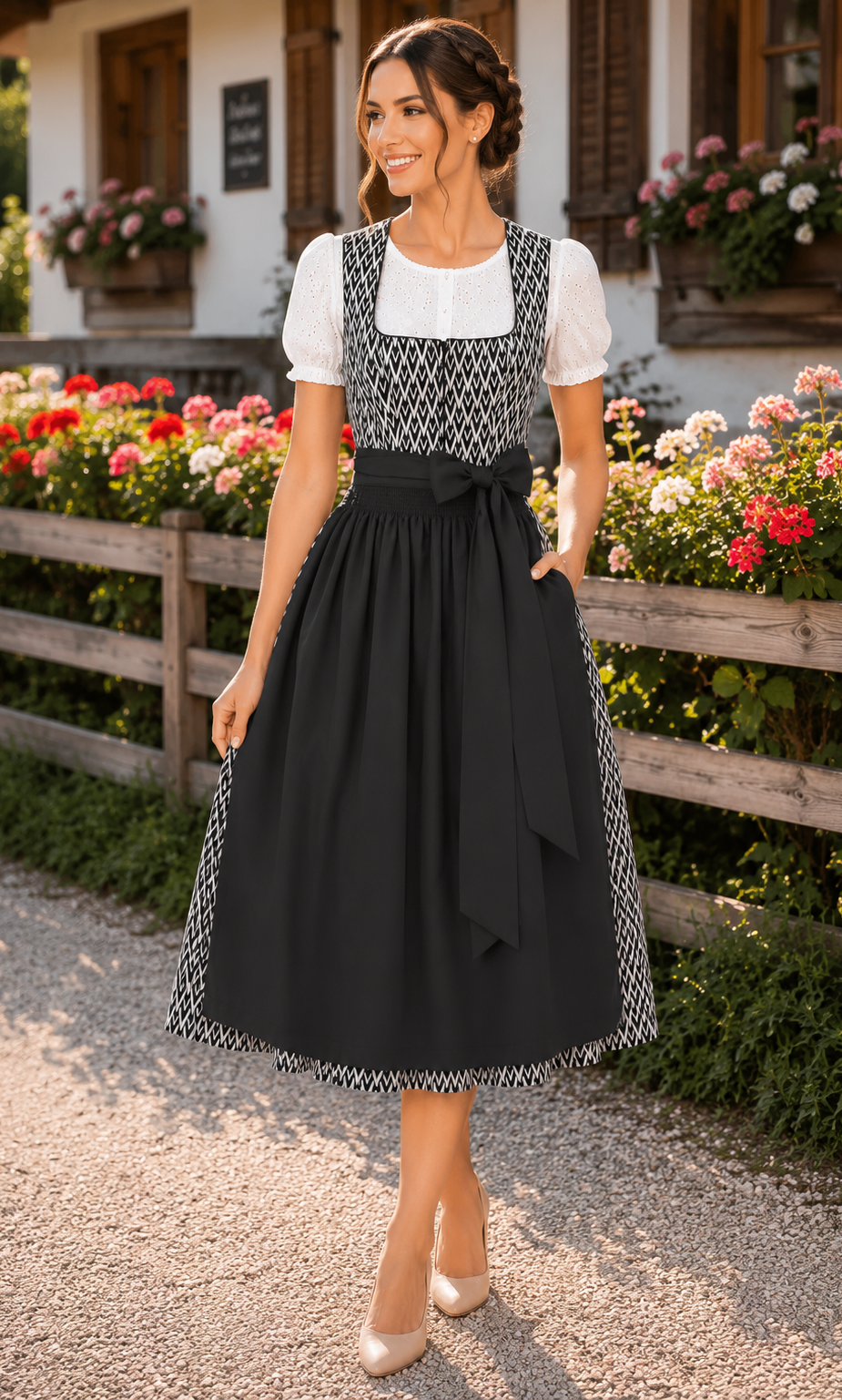 Dirndl Freya in Schwarz-Weiß vor sommerlicher Alpenkulisse