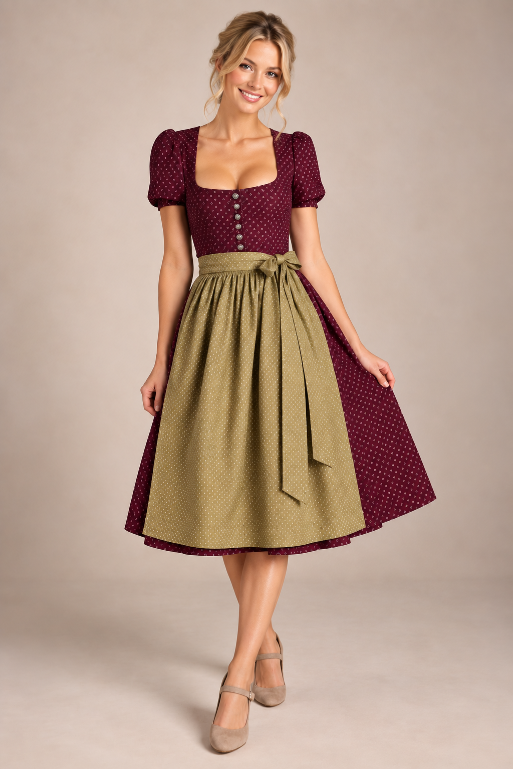 Ärmeldirndl Michelle 70 cm in Bordeaux mit olivgrüner Schürze – Ansicht 3