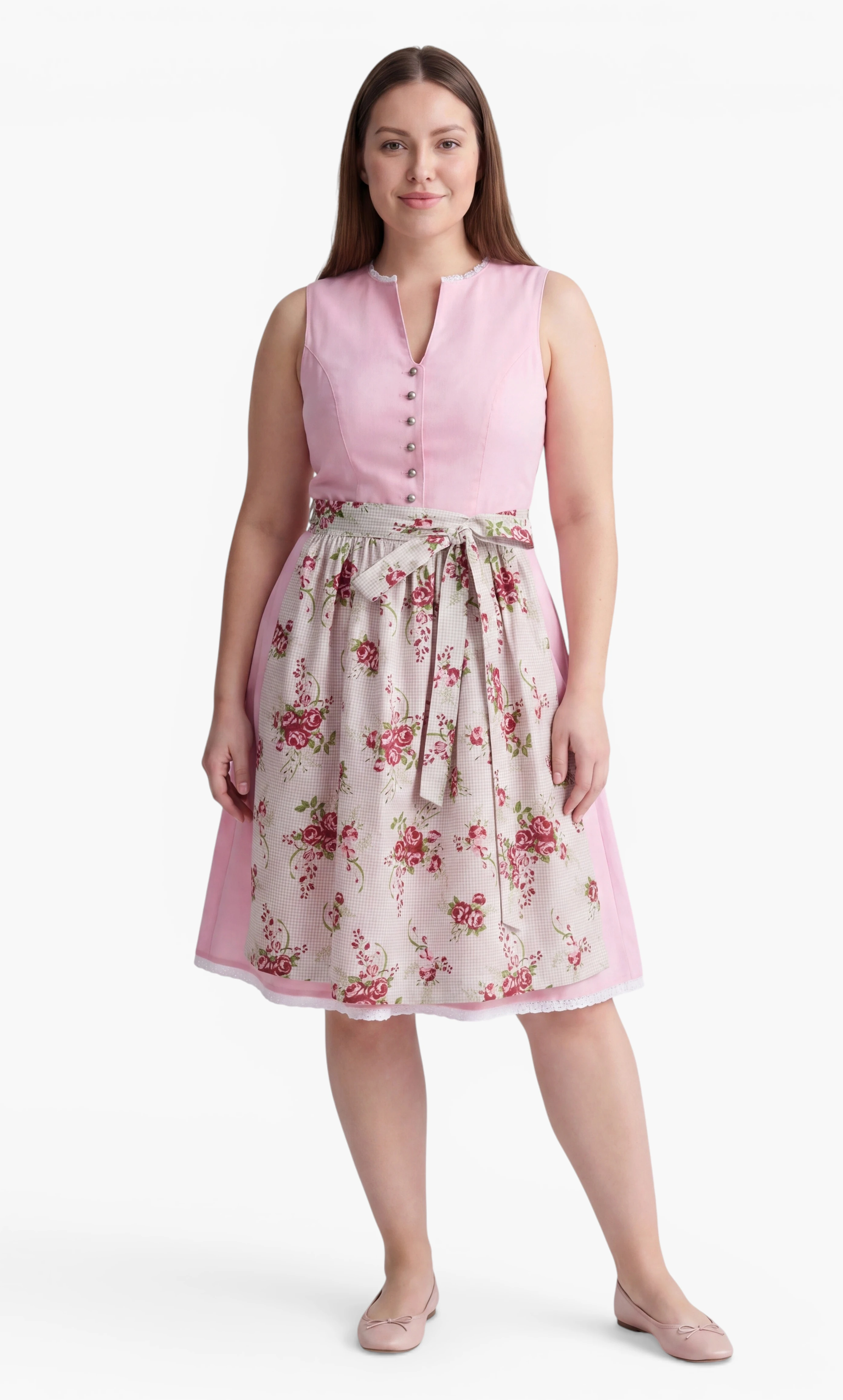 Model trägt rosa Dirndl Antonia mit Blumenschürze