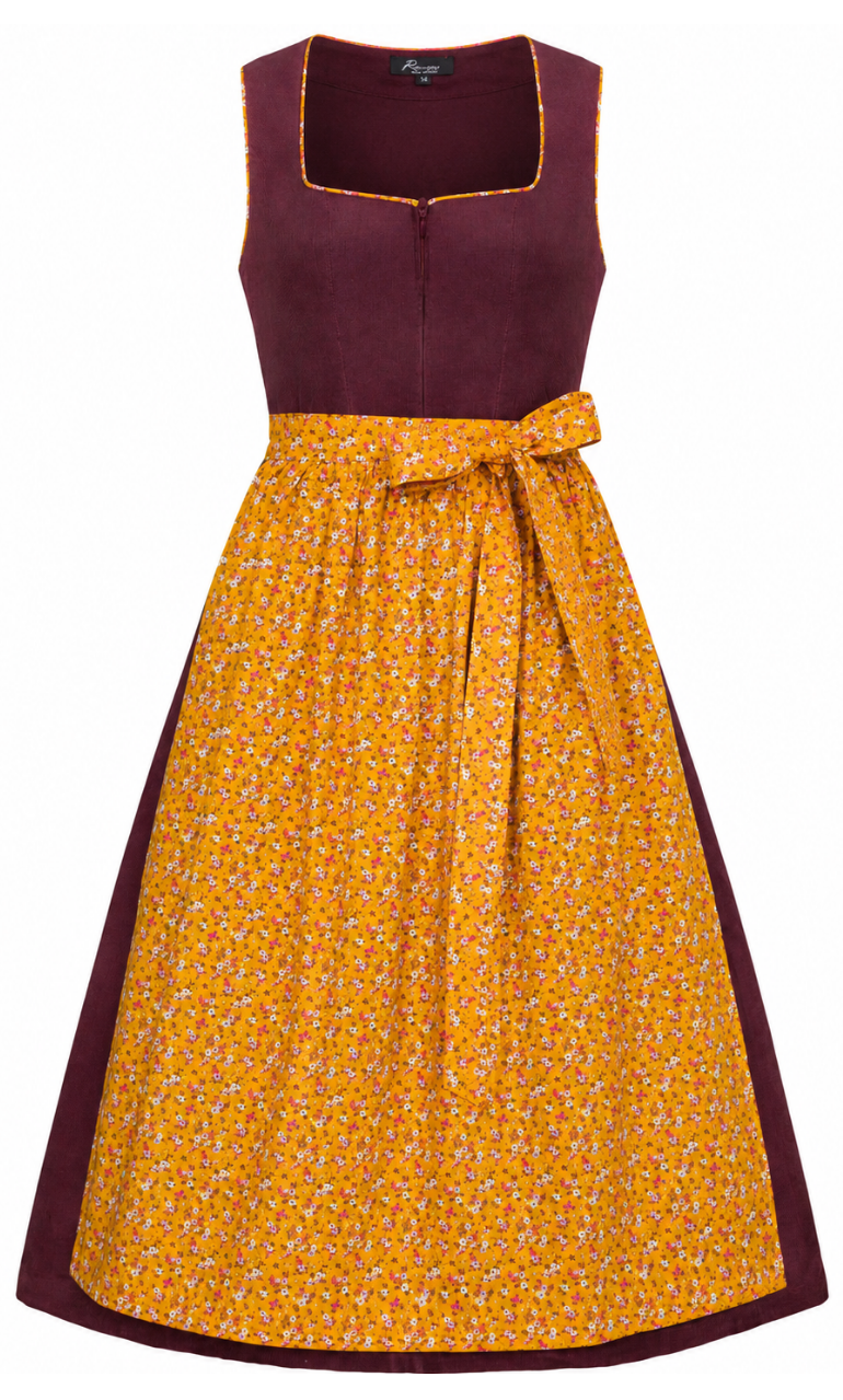 Dirndl Bridget aus Feincord mit ockerfarbener Blumenschürze