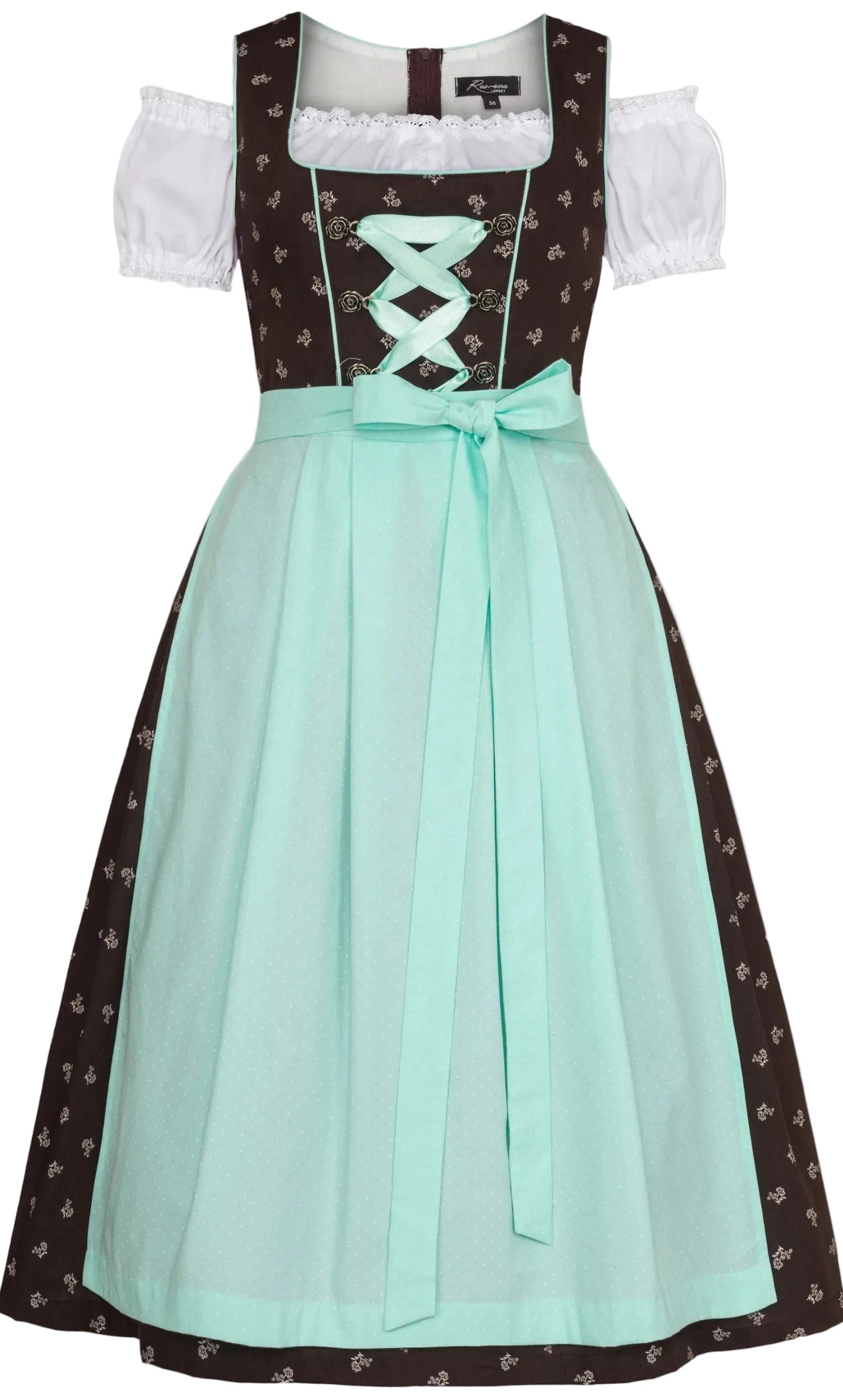 Dirndl Elisabeth dunkelbraunes Dirndkleid mit weißen Streublümchen und eine Schürze in mint. Wird mit Bluse geliefert