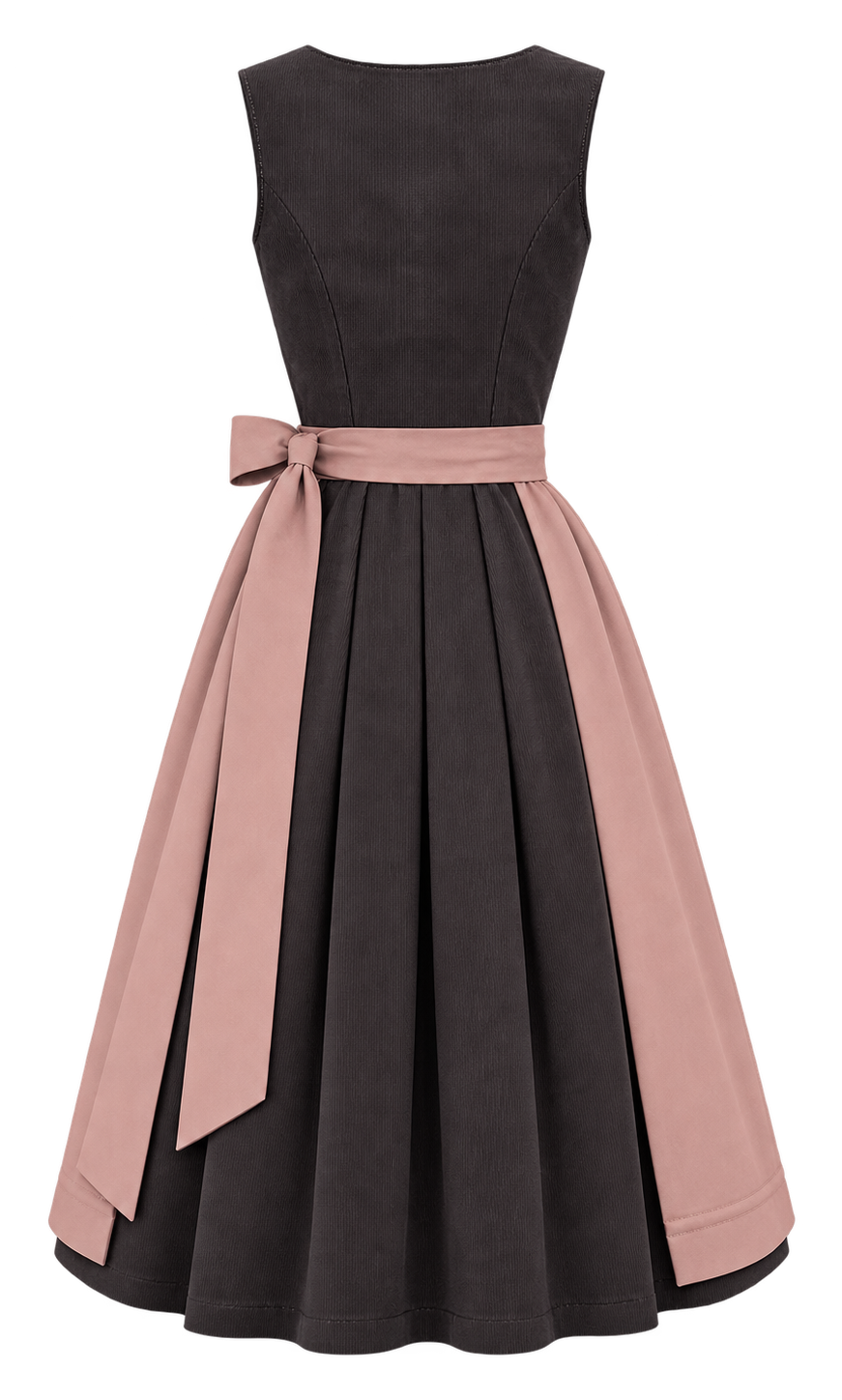 Dirndl Kathleen 70 cm aus dunkelgrauem Feincord mit altrosa Schürze – Ansicht 2